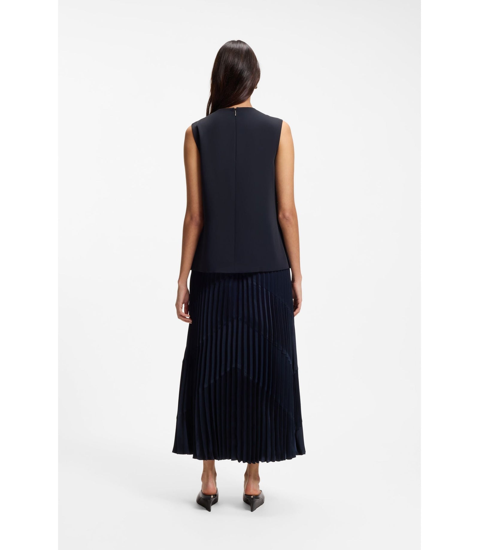 Boss Sleeveless Crepe Blouse With Pleats Dark Blue Women's