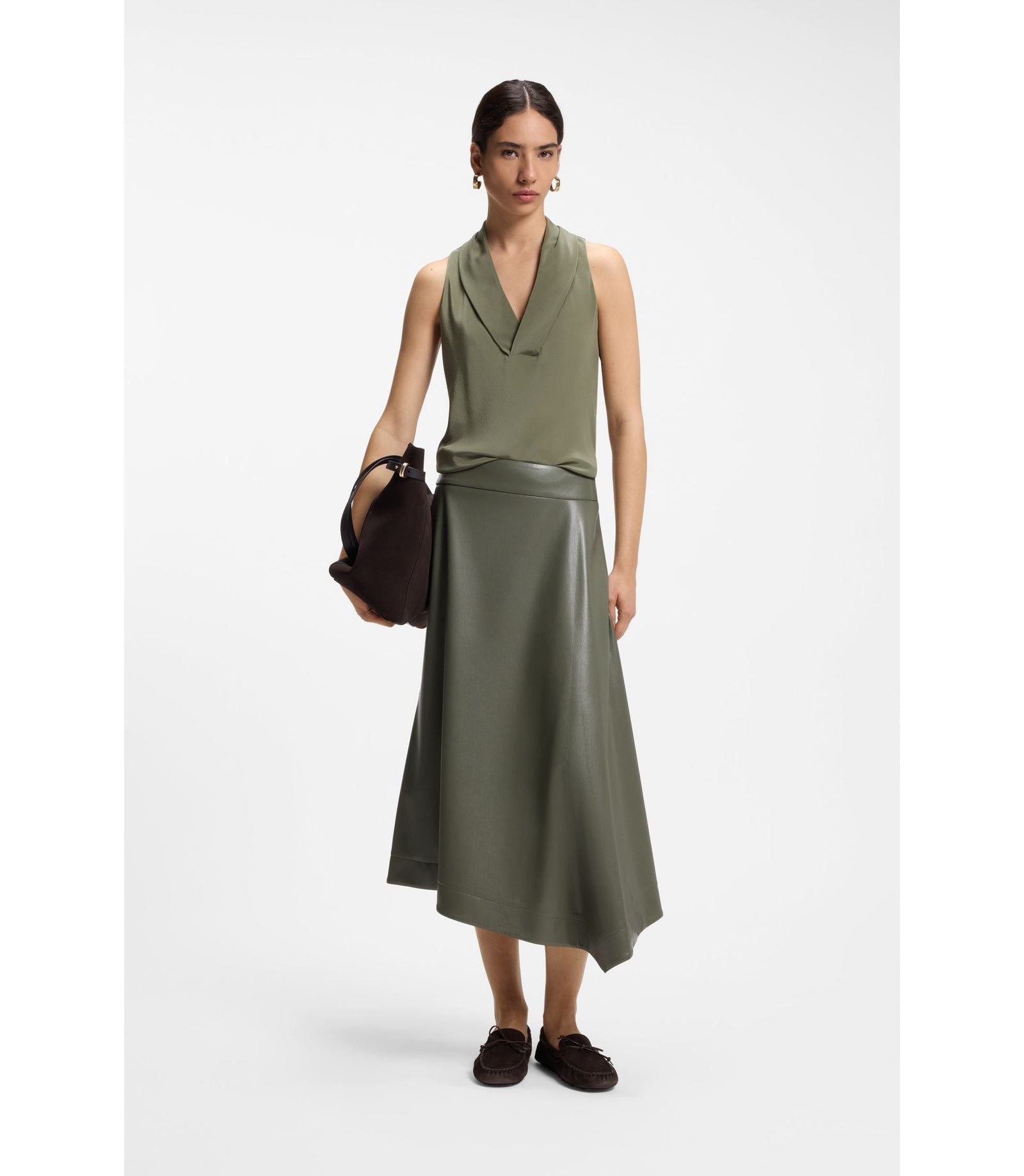 Boss Sleeveless Blouse In Sandwashed Silk With V Neckline Dark Green Women's