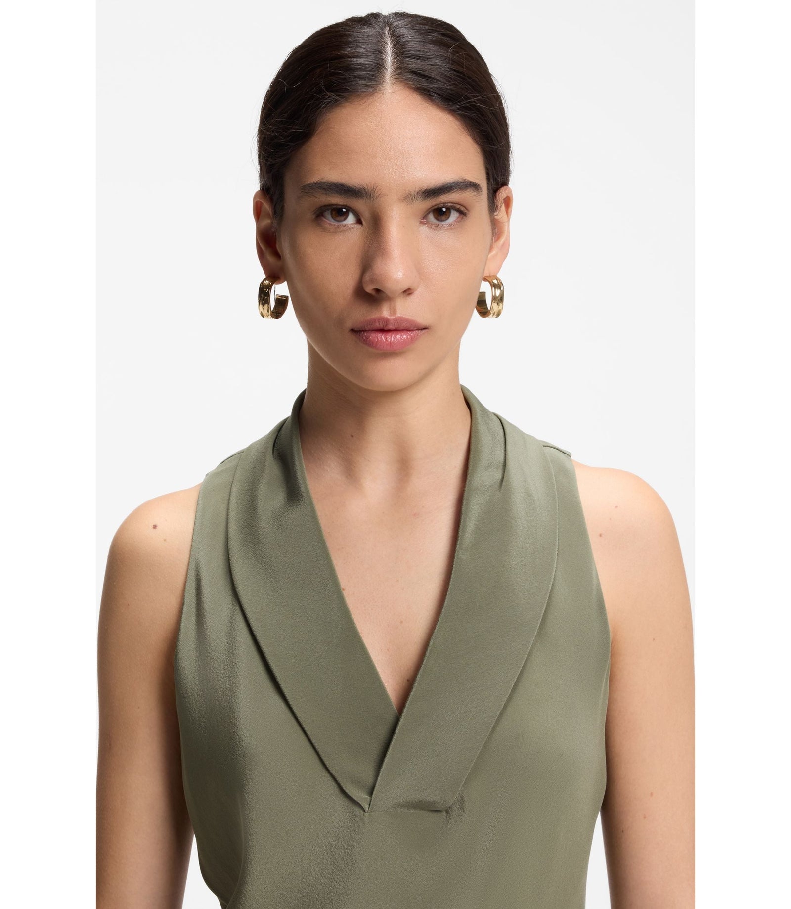 Boss Sleeveless Blouse In Sandwashed Silk With V Neckline Dark Green Women's