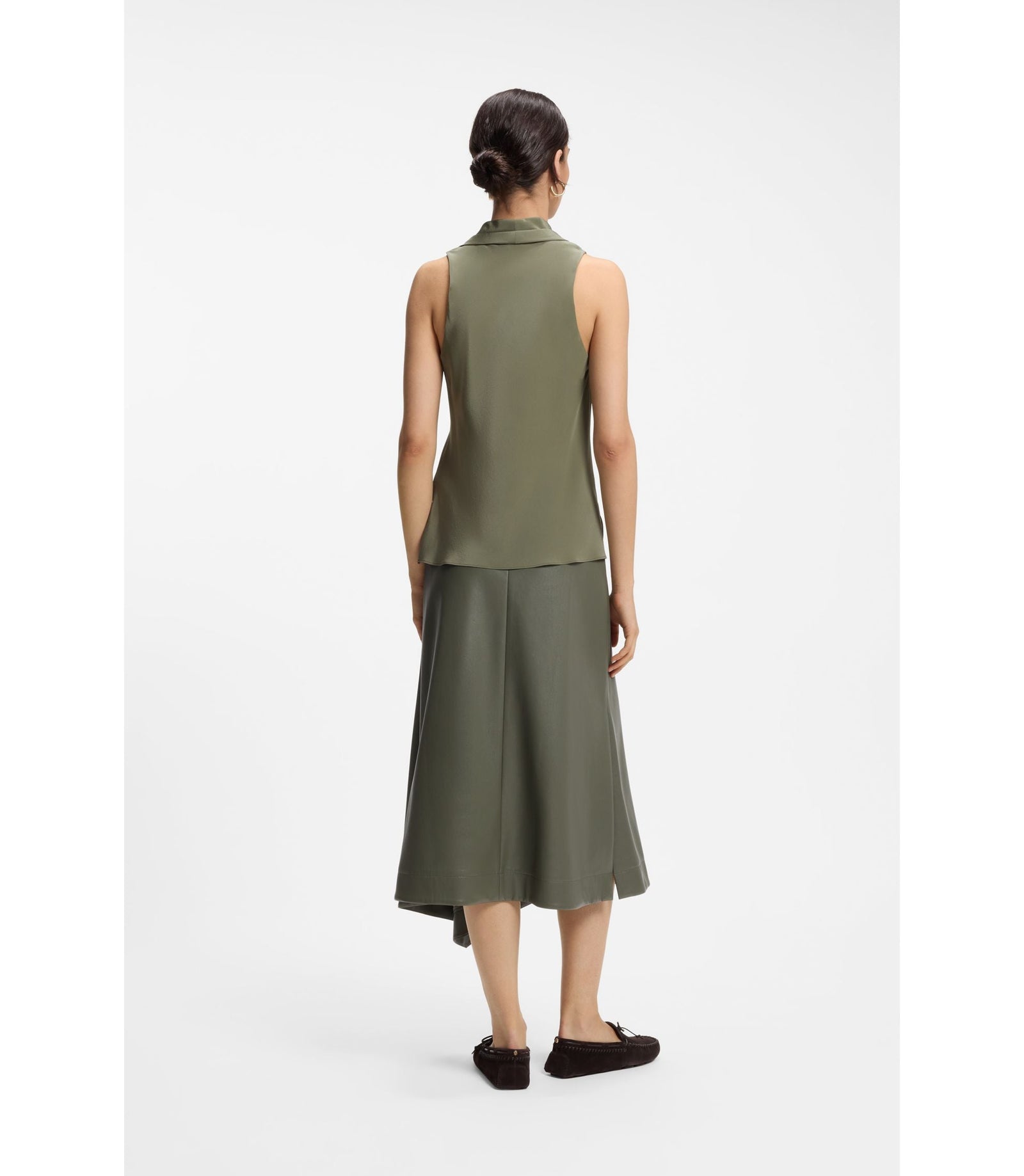 Boss Sleeveless Blouse In Sandwashed Silk With V Neckline Dark Green Women's
