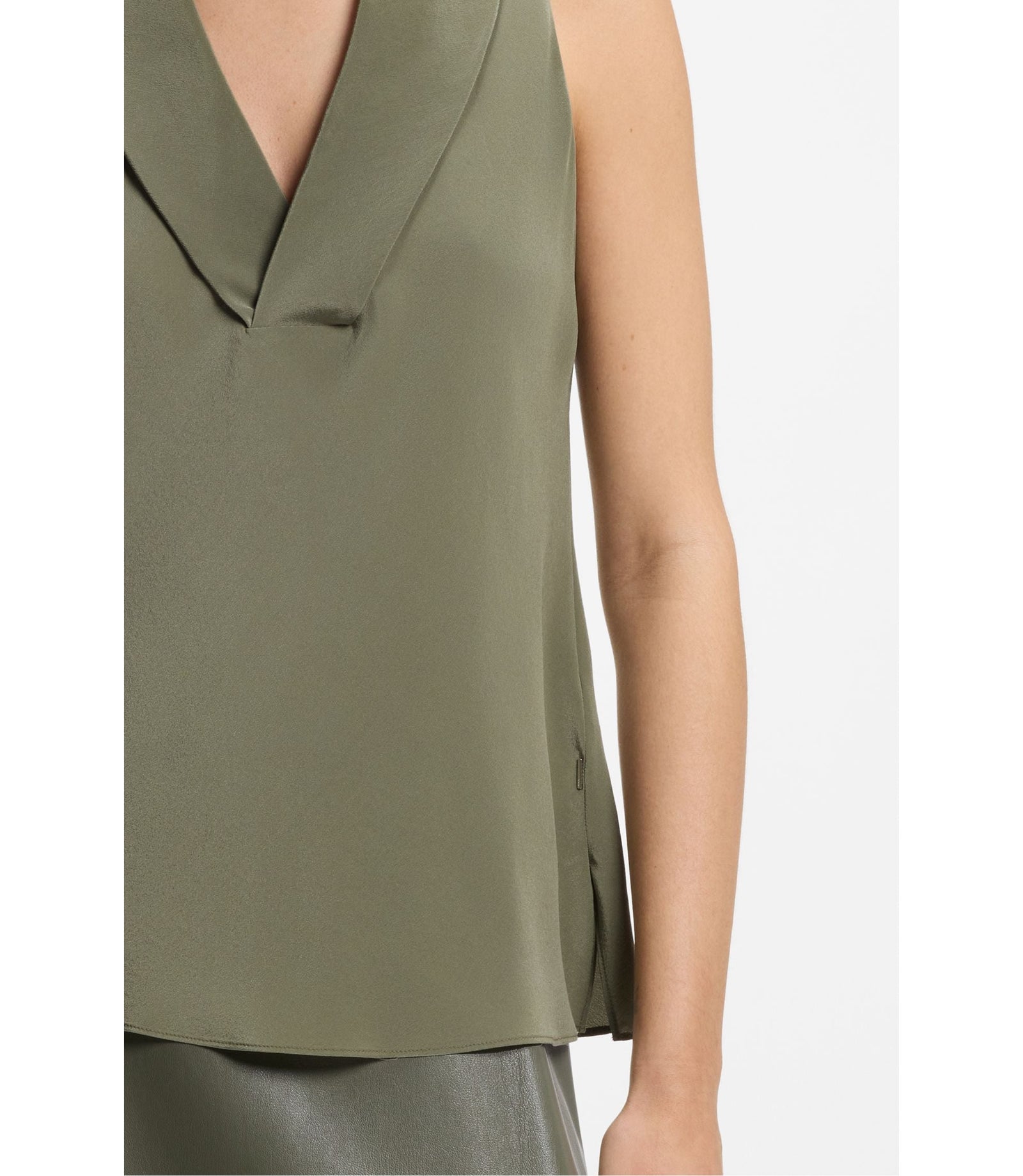 Boss Sleeveless Blouse In Sandwashed Silk With V Neckline Dark Green Women's