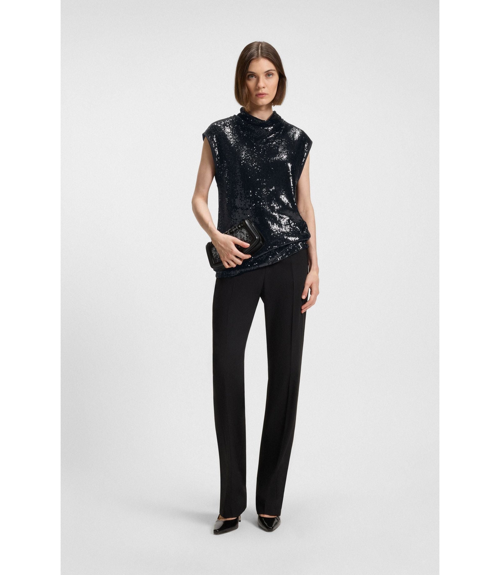 Boss Sequin Top With Draped Funnel Neckline Black Women's