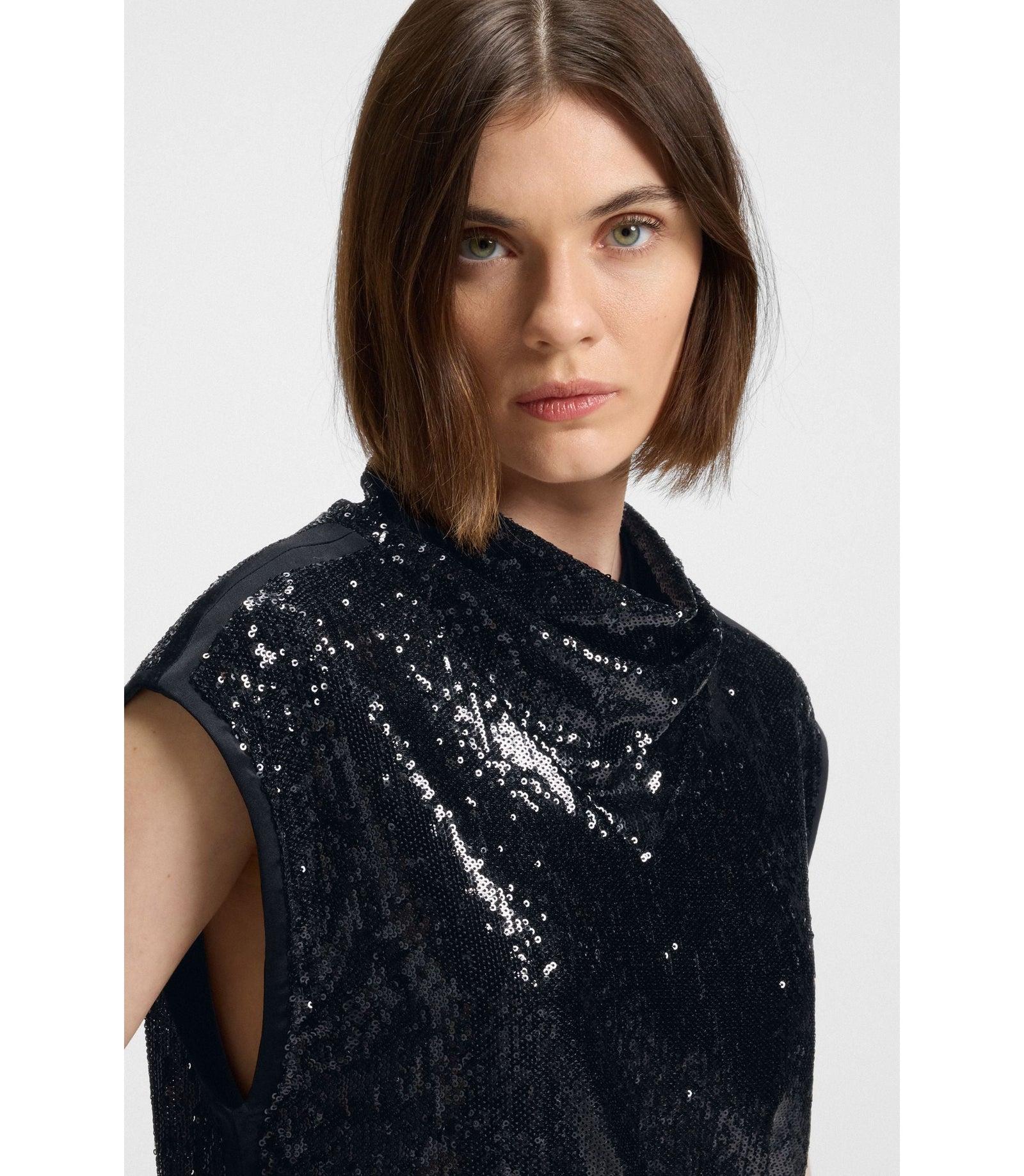 Boss Sequin Top With Draped Funnel Neckline Black Women's