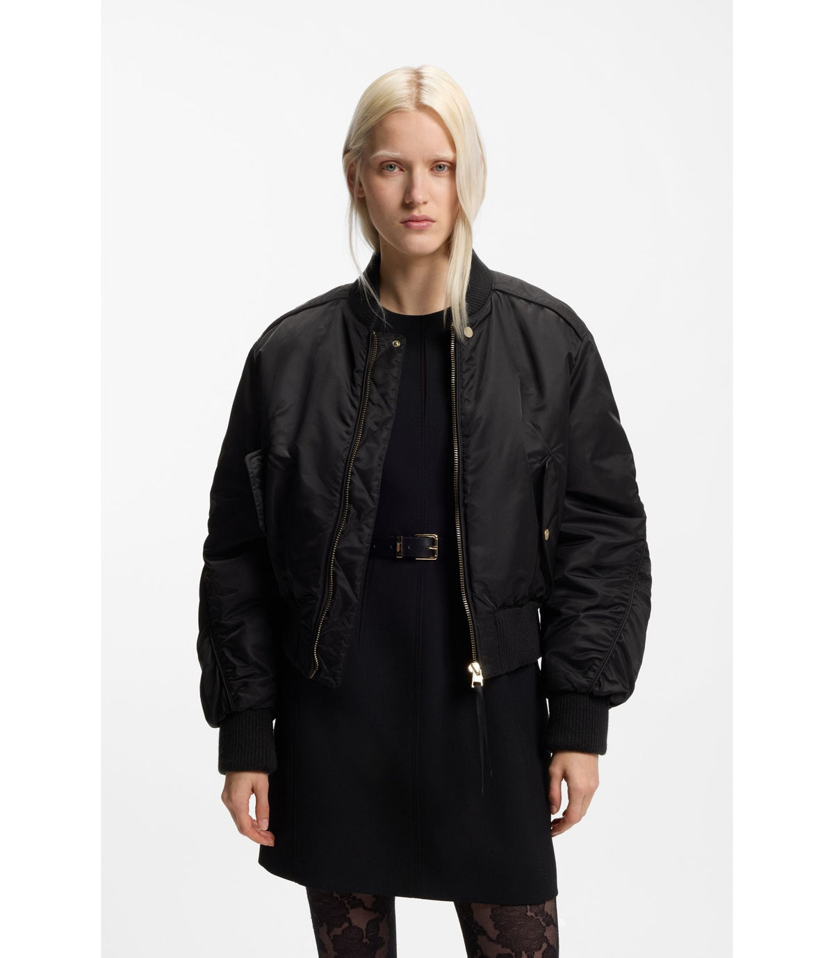 Hugo Ruched Detail Bomber Jacket With Water Repellent Finish Black Women's
