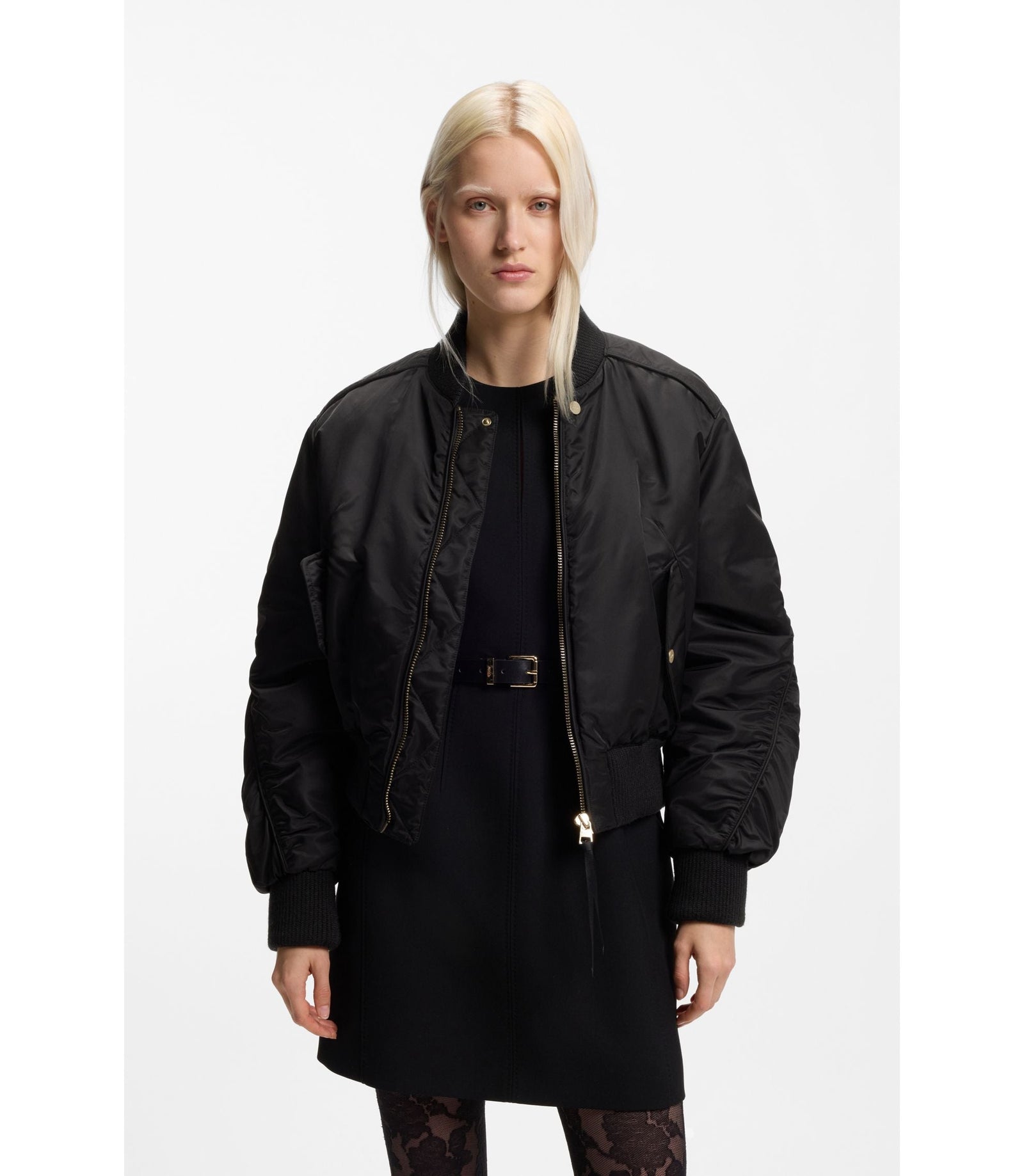 Hugo Ruched Detail Bomber Jacket With Water Repellent Finish Black Women's