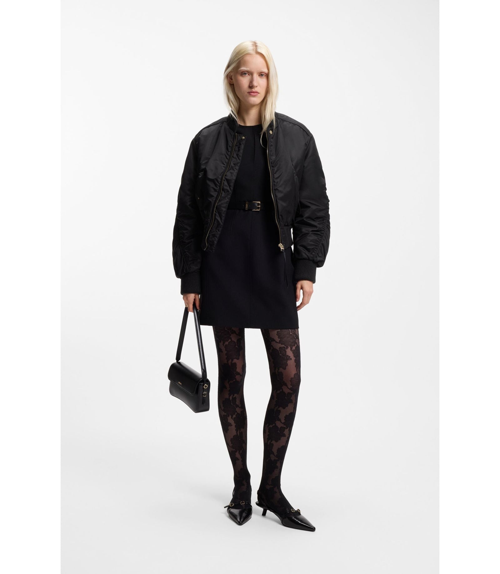 Hugo Ruched Detail Bomber Jacket With Water Repellent Finish Black Women's