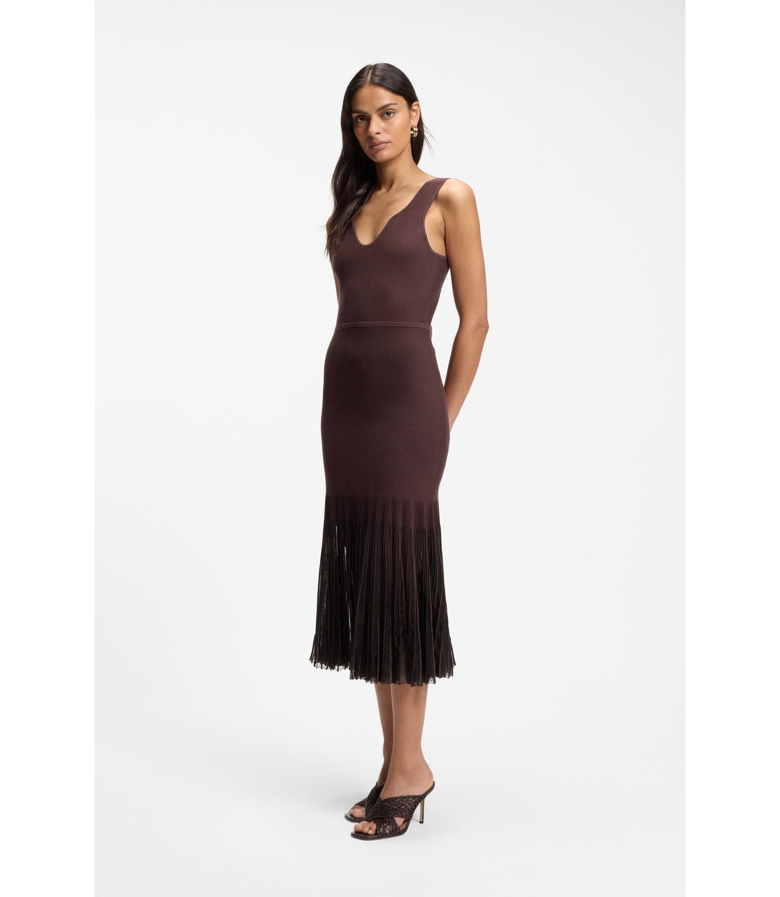 Boss Rib Knit Dress With Sheer Pleating Dark Brown Women's