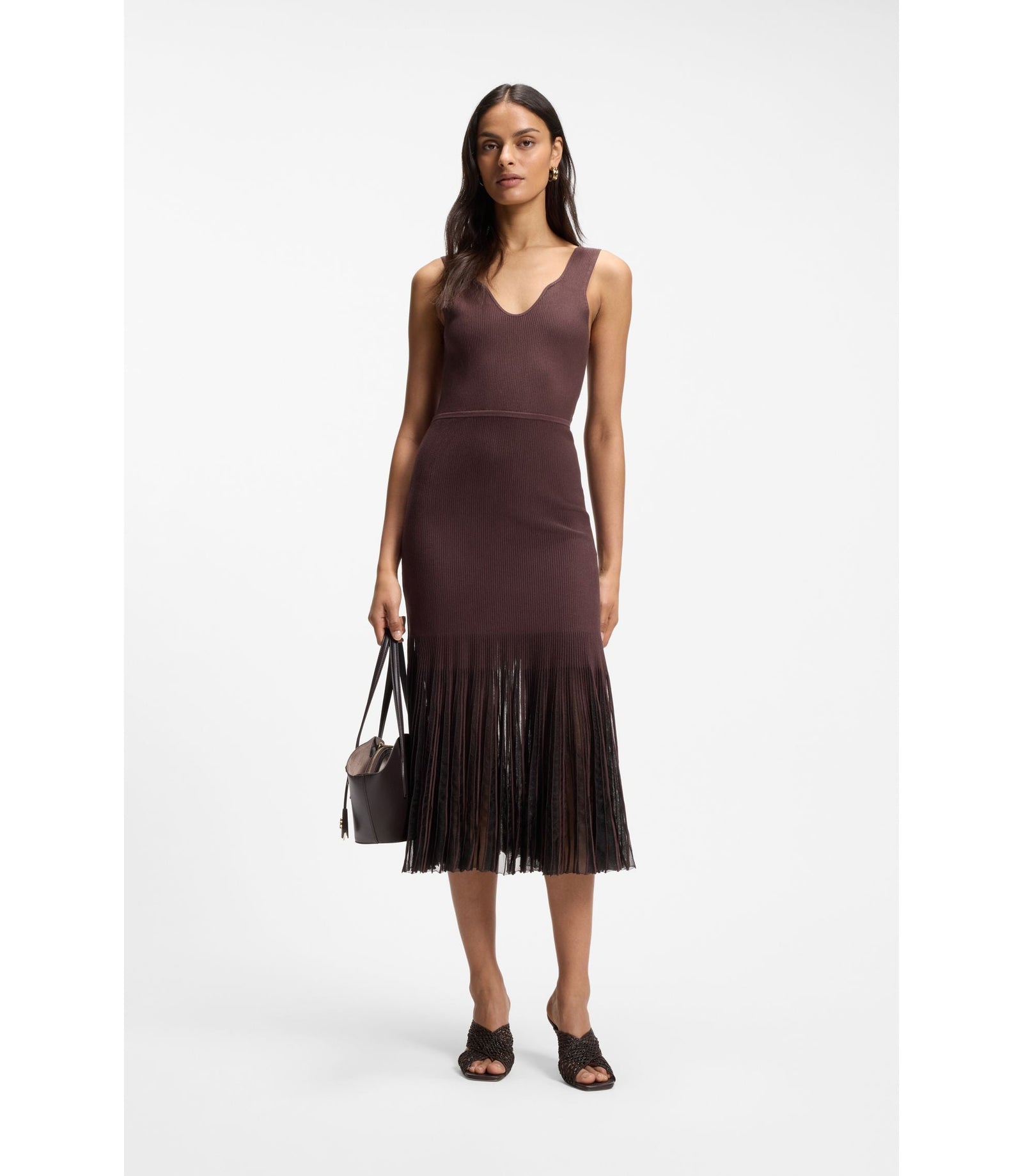 Boss Rib Knit Dress With Sheer Pleating Dark Brown Women's
