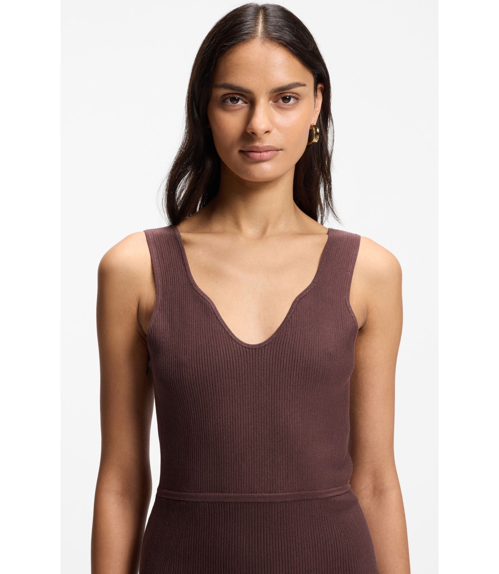 Boss Rib Knit Dress With Sheer Pleating Dark Brown Women's