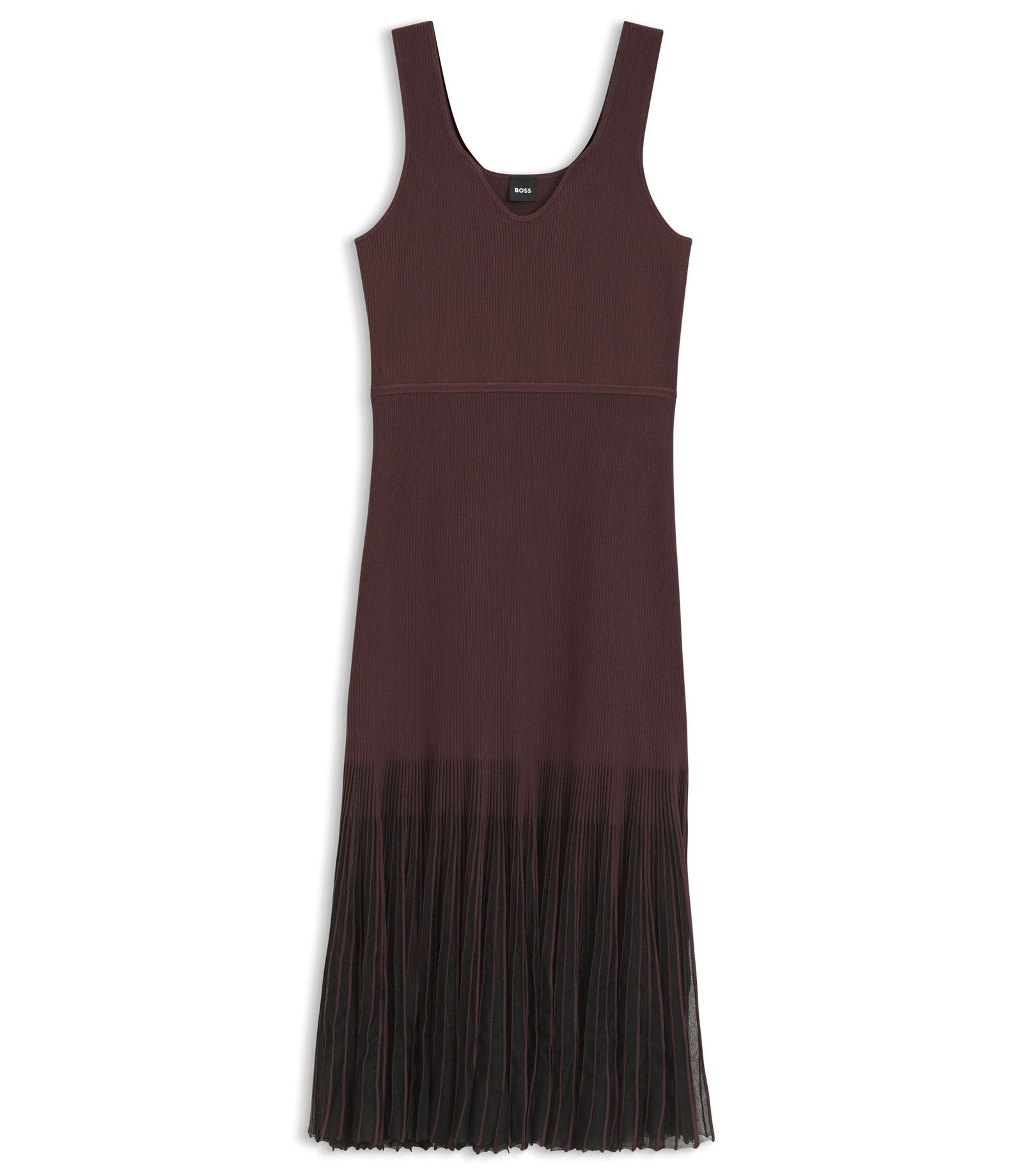 Boss Rib Knit Dress With Sheer Pleating Dark Brown Women's