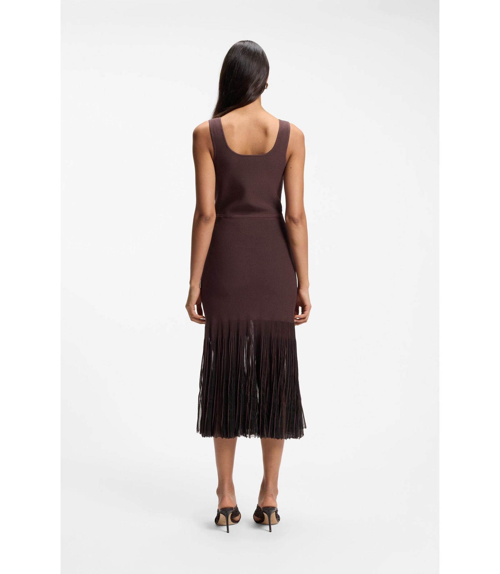 Boss Rib Knit Dress With Sheer Pleating Dark Brown Women's