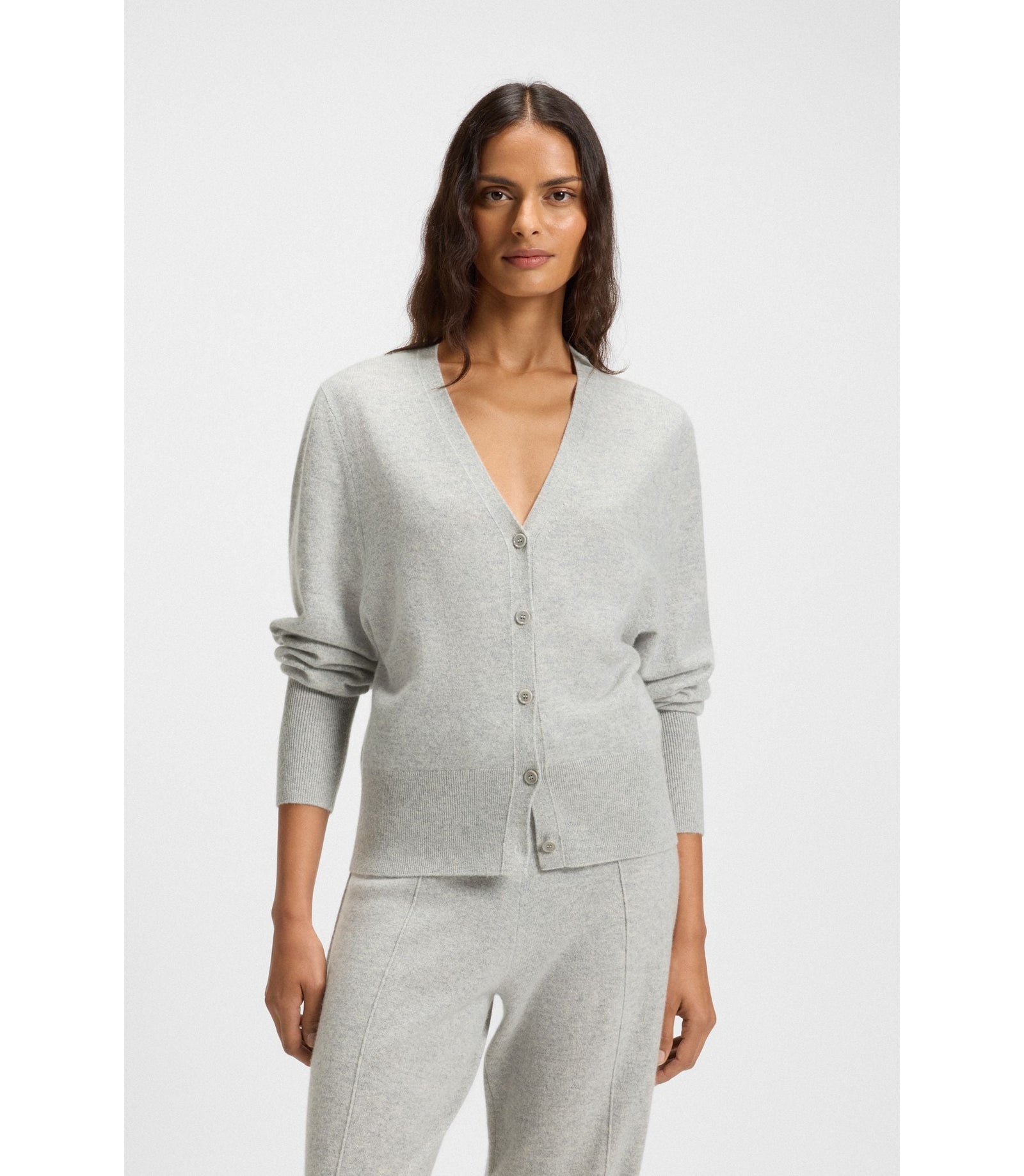 Boss Ribbed Trim Cardigan In Cashmere Light Grey Women's