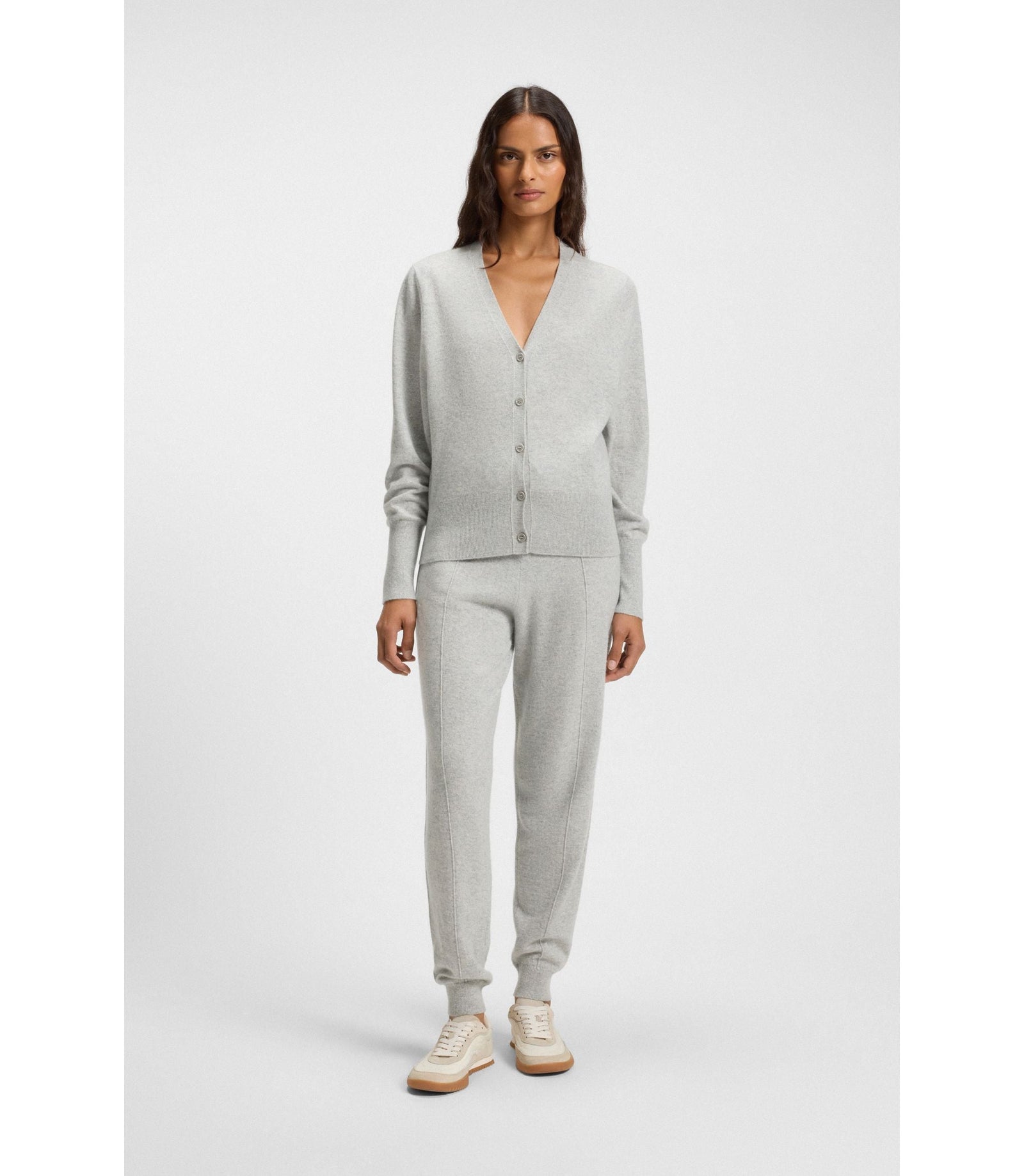 Boss Ribbed Trim Cardigan In Cashmere Light Grey Women's