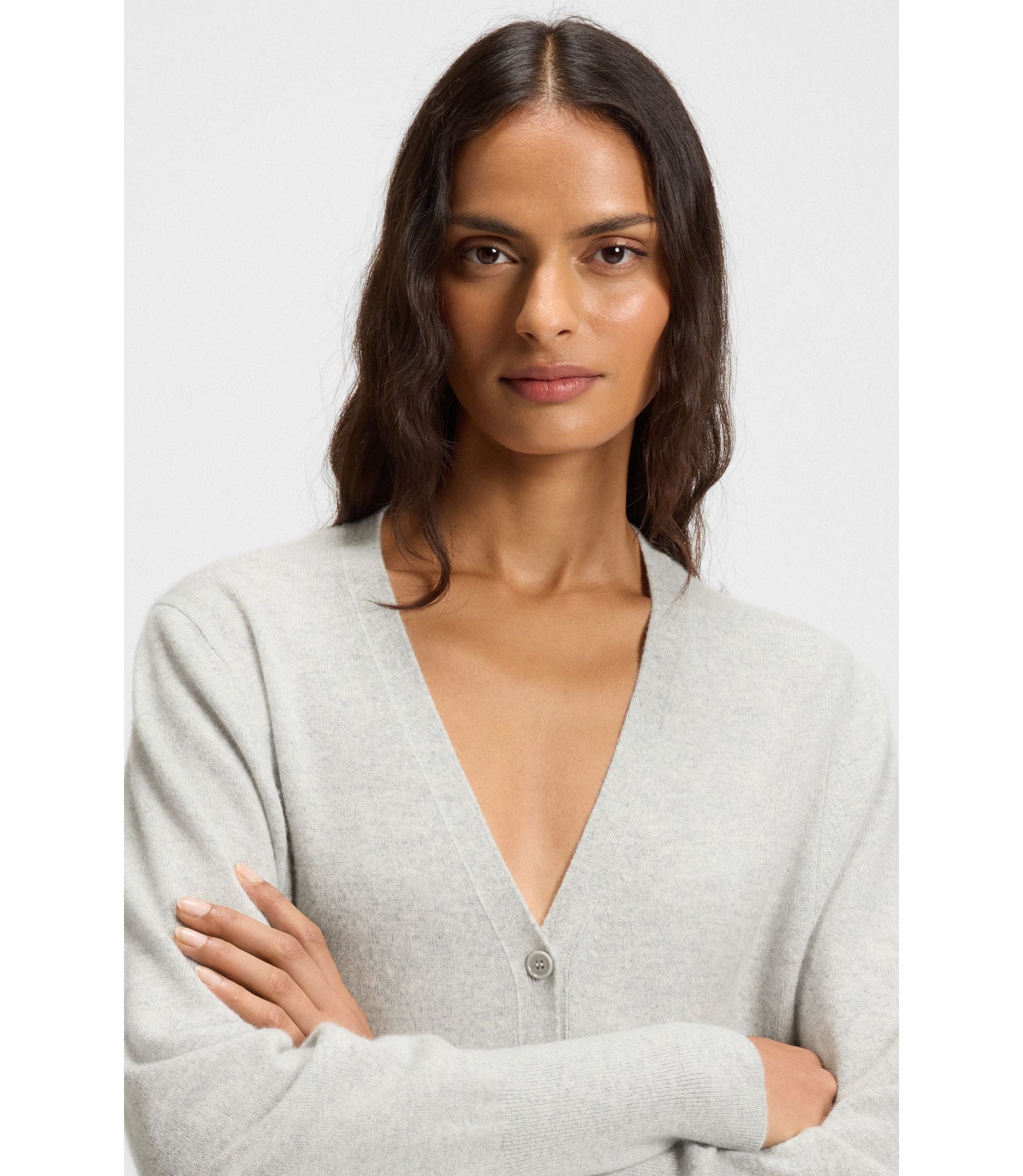 Boss Ribbed Trim Cardigan In Cashmere Light Grey Women's