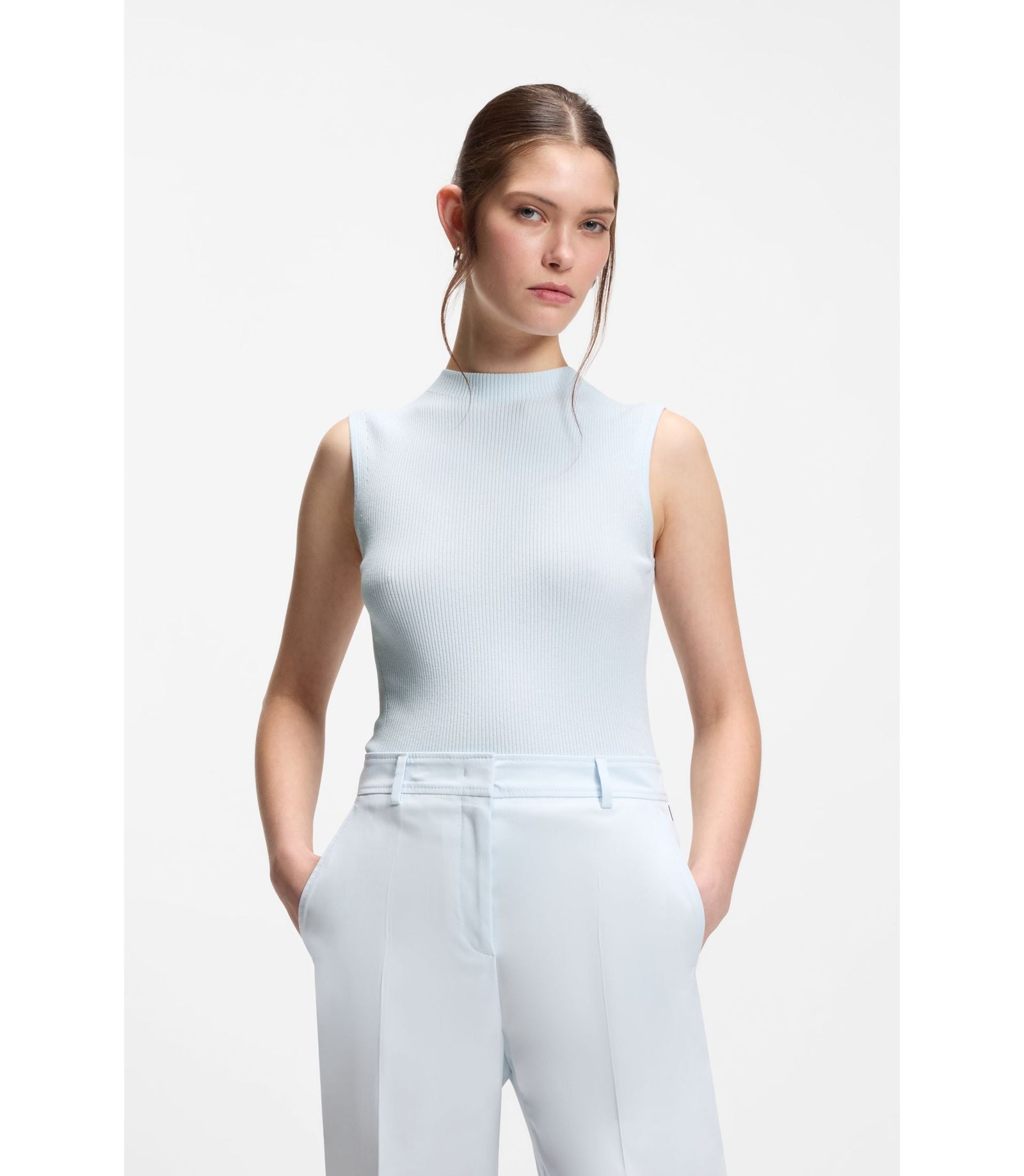 Boss Ribbed Top With Mock Neckline Light Blue Women's