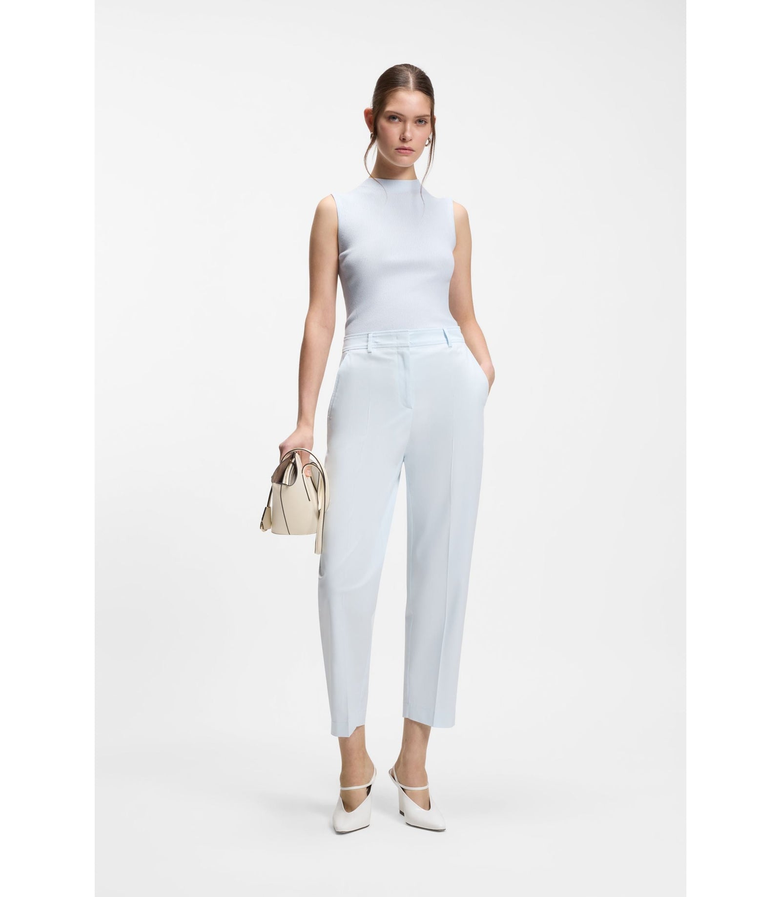 Boss Ribbed Top With Mock Neckline Light Blue Women's