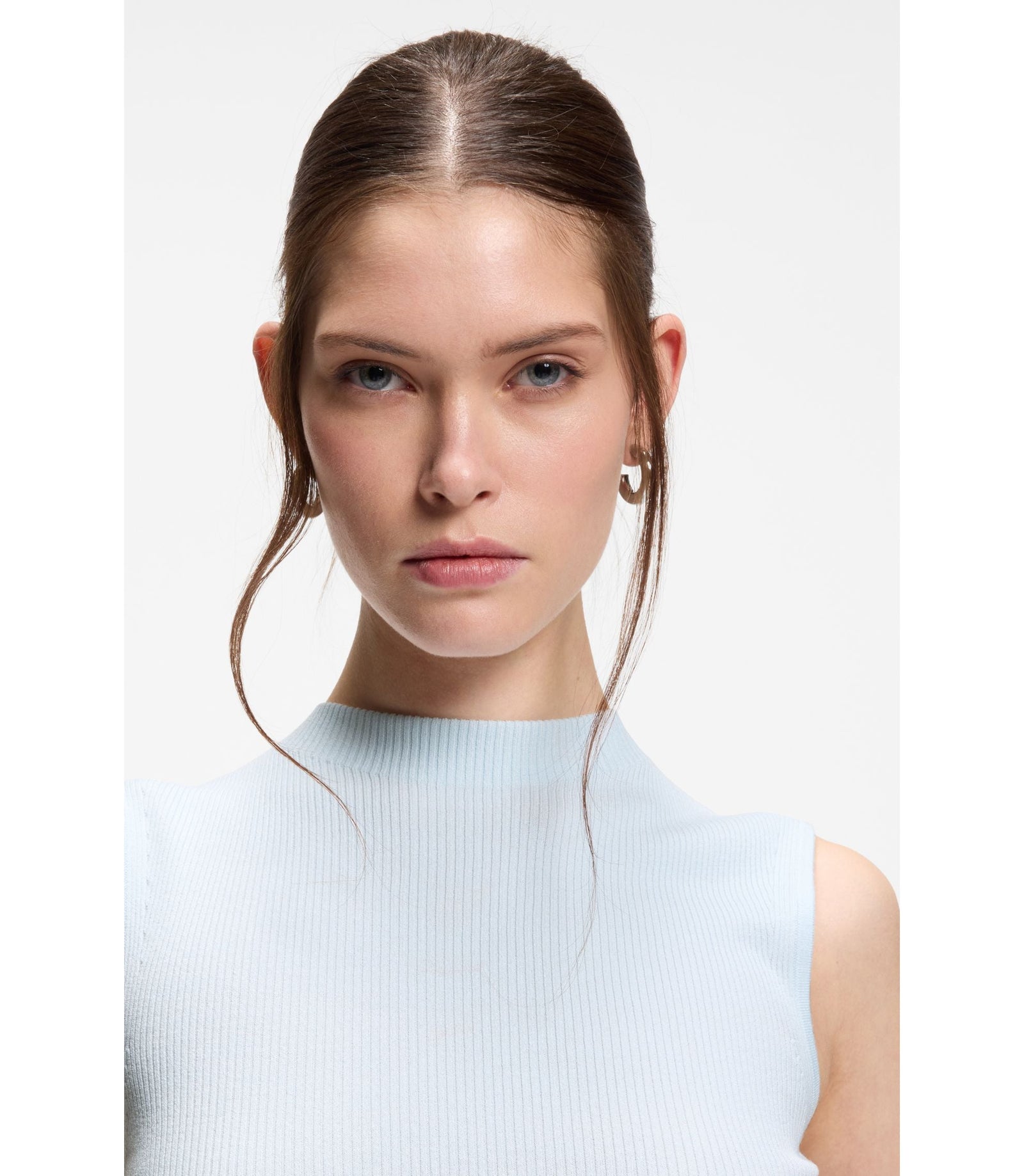 Boss Ribbed Top With Mock Neckline Light Blue Women's