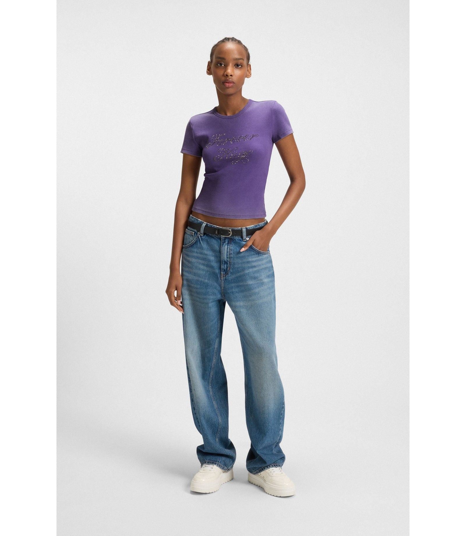 Hugo Rhinestone Logo Slim Fit T Shirt In Stretch Cotton Purple Women's