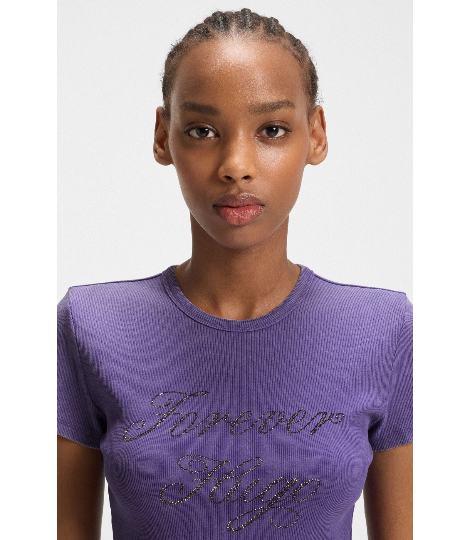 Hugo Rhinestone Logo Slim Fit T Shirt In Stretch Cotton Purple Women's