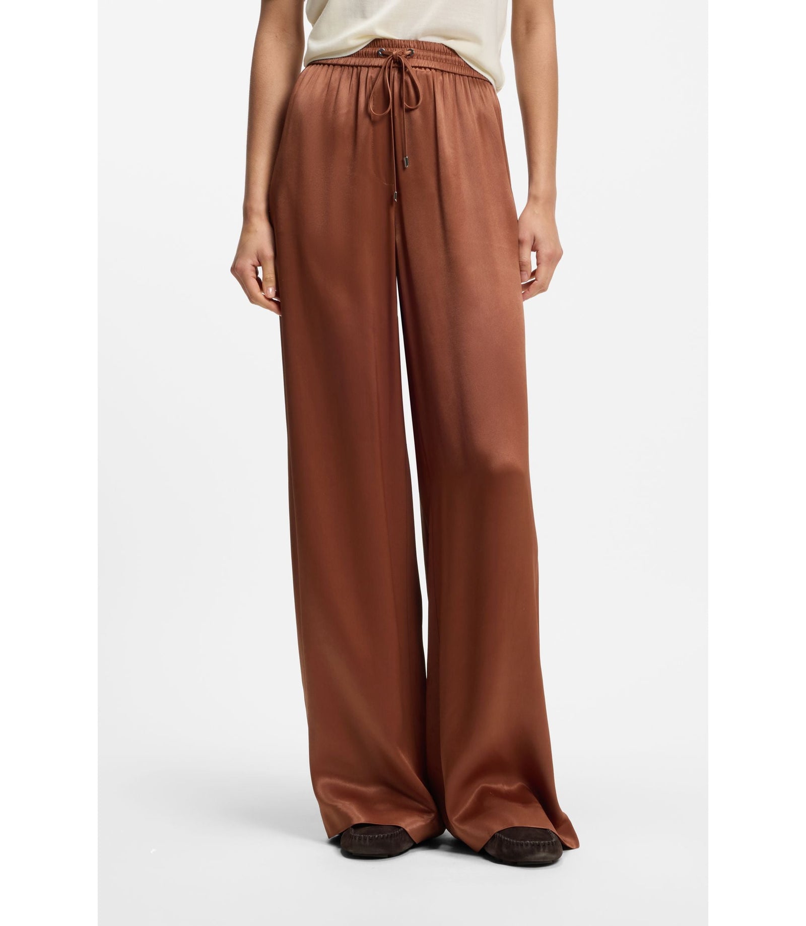Boss Relaxed Fit Pants In Satin Brown Women's