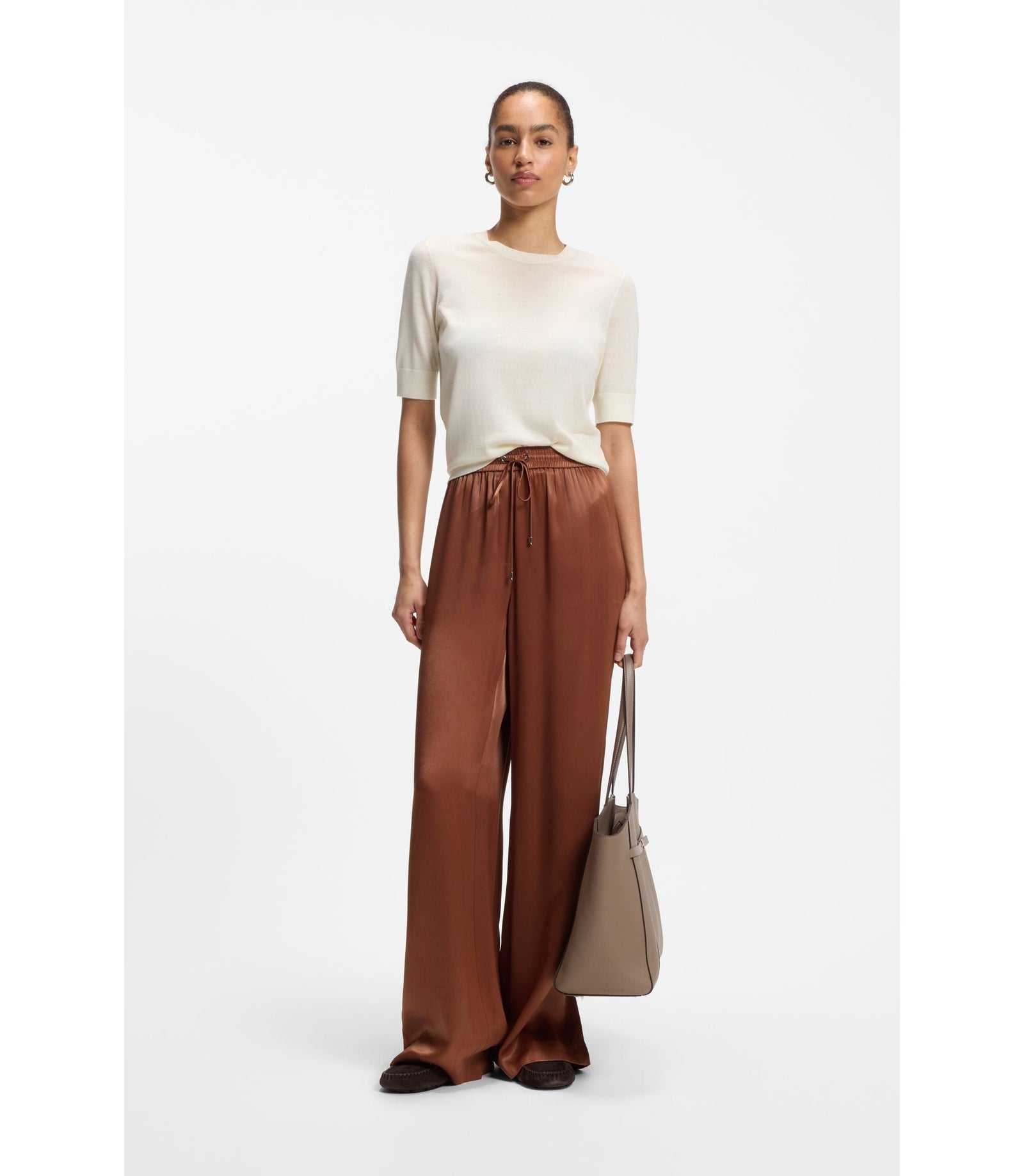 Boss Relaxed Fit Pants In Satin Brown Women's