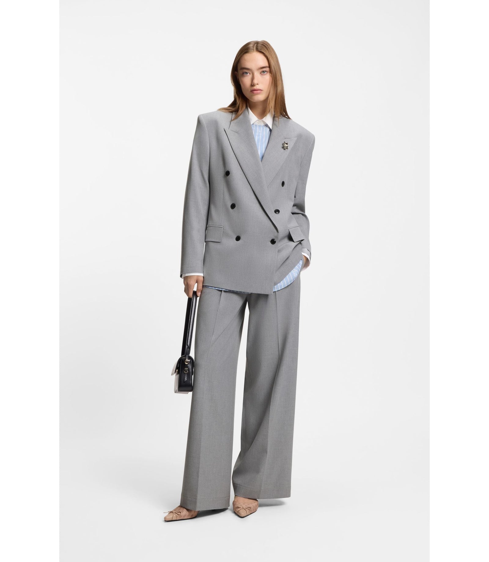 Hugo Relaxed Fit Blazer With Enamel Flower Brooch Light Grey Women's