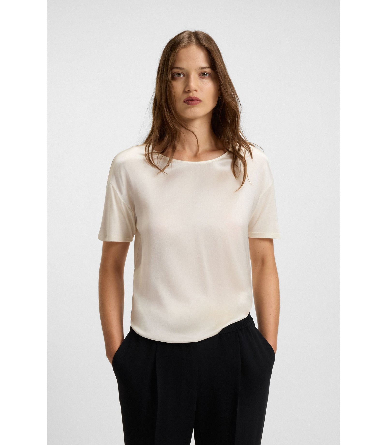Boss Regular Fit T Shirt With Stretch Silk Front White Women's