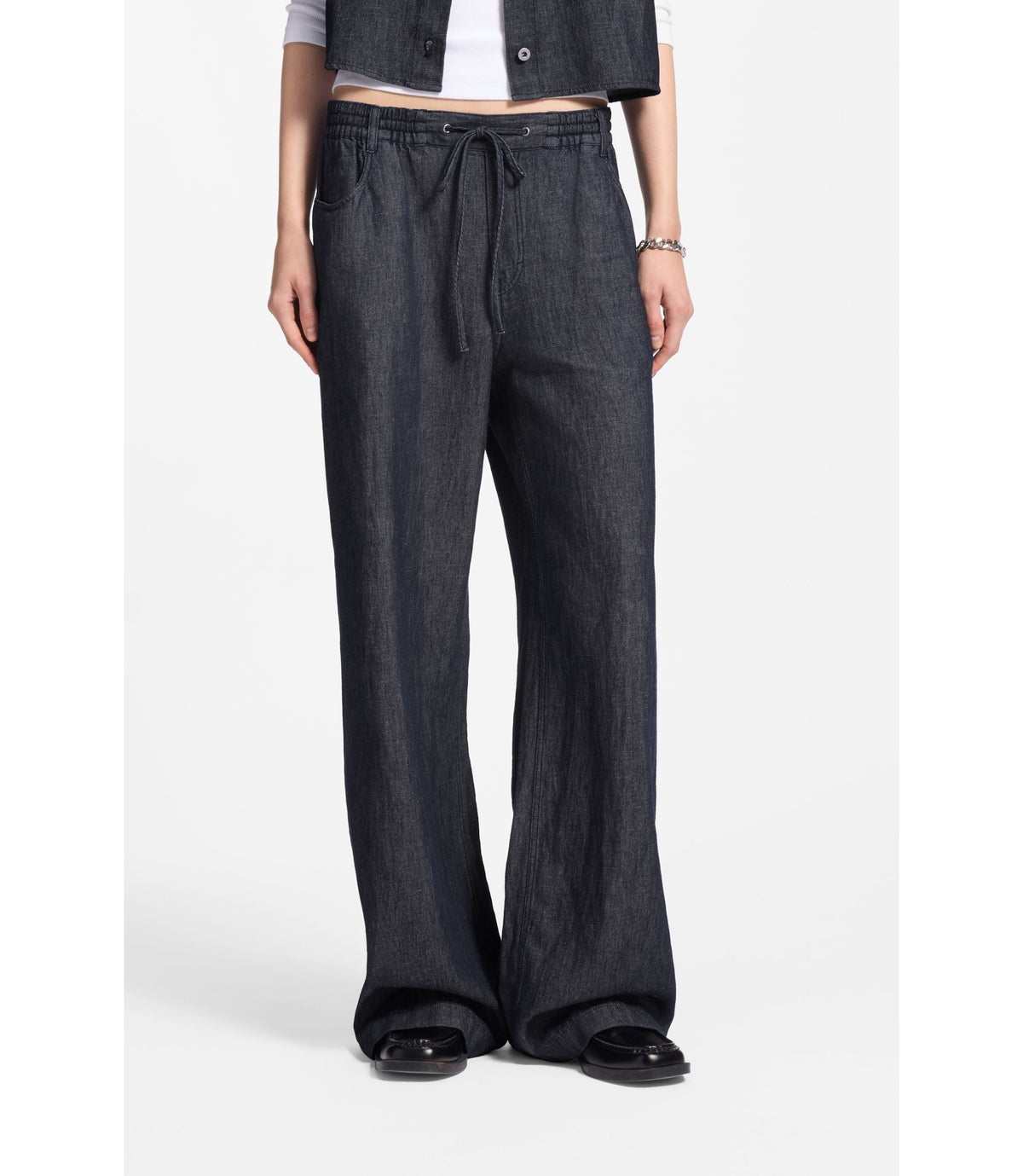 Hugo Regular Fit Trousers In Lightweight Denim With Drawstring Waist Dark Blue Women's