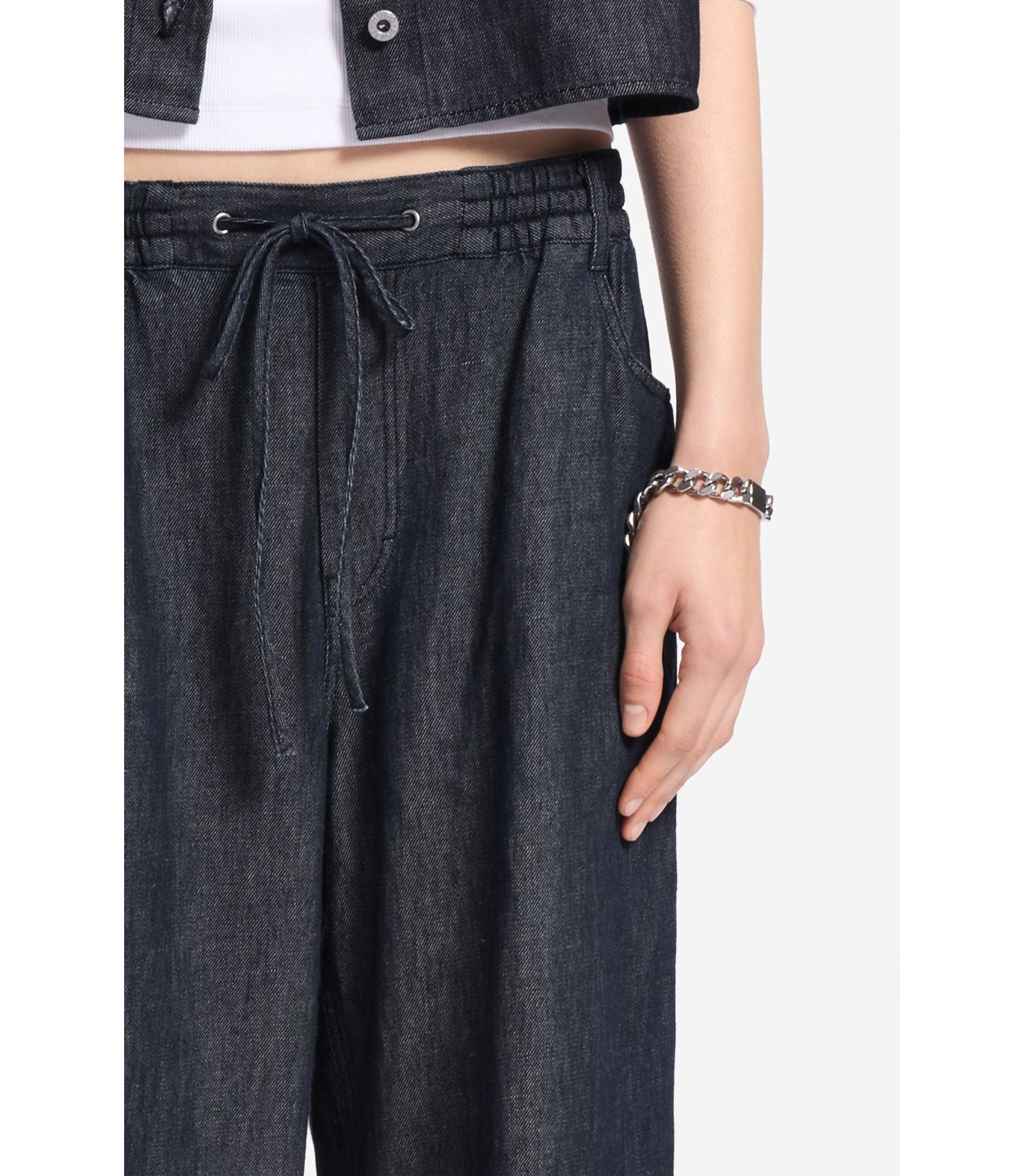 Hugo Regular Fit Trousers In Lightweight Denim With Drawstring Waist Dark Blue Women's