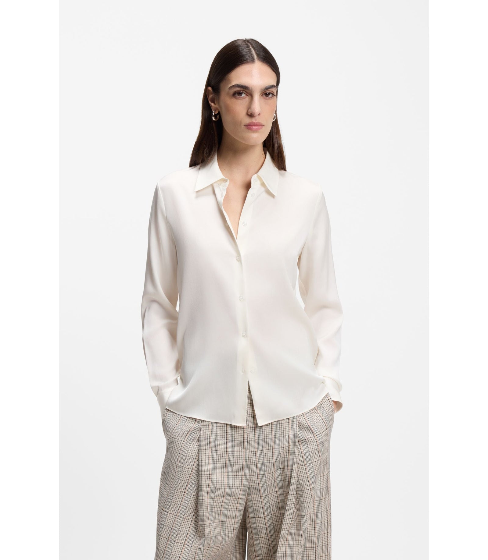 Boss Regular Fit Blouse In Stretch Silk White Women's