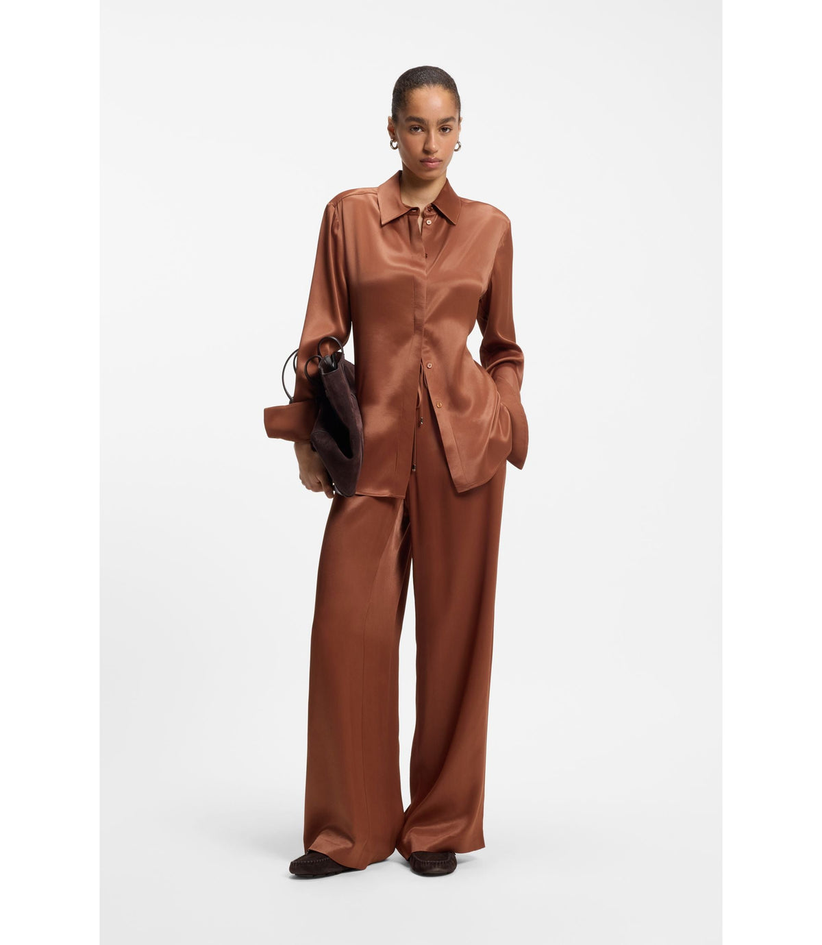 Boss Regular Fit Blouse In Soft Lustrous Fabric Brown Women's