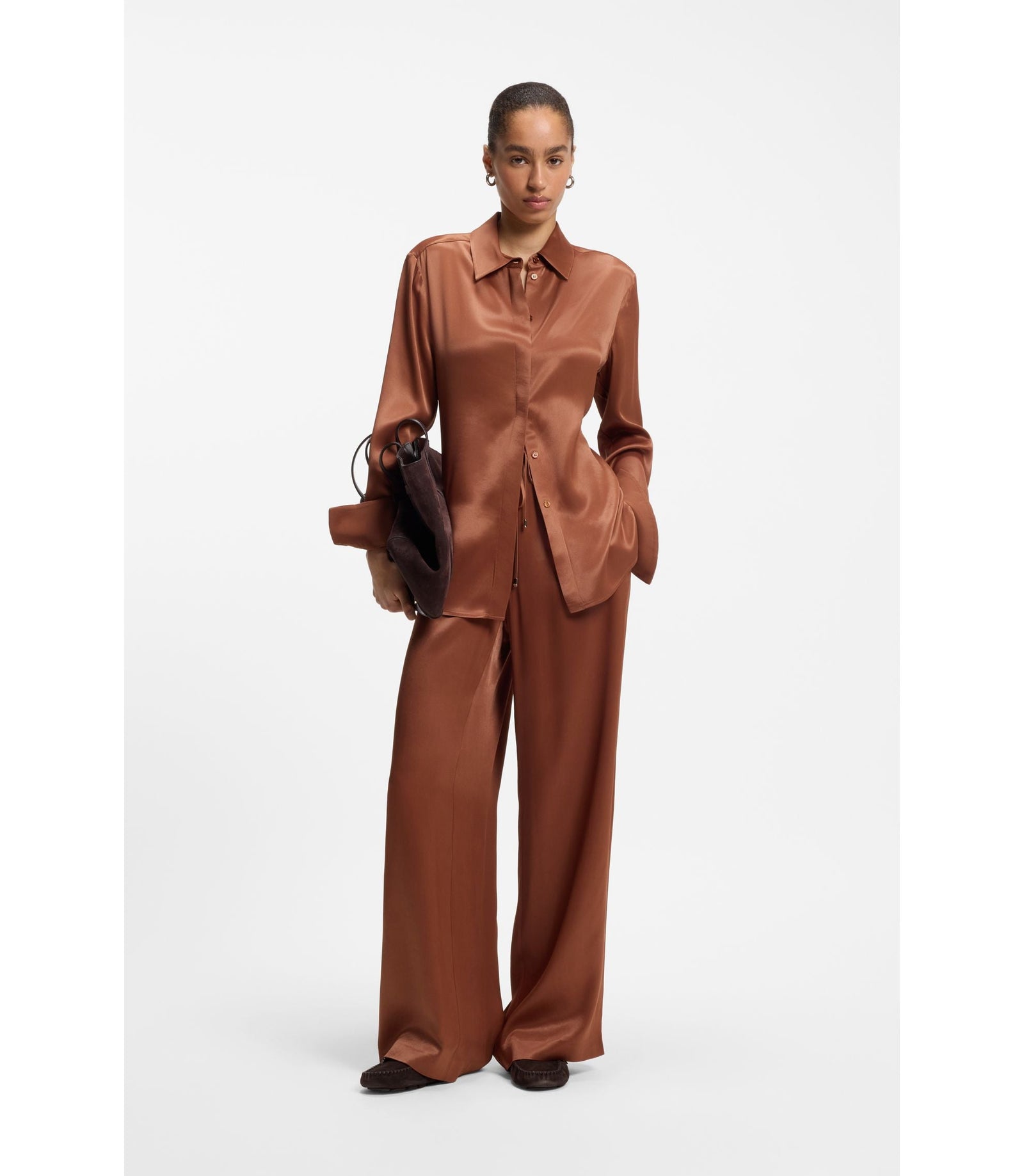 Boss Regular Fit Blouse In Soft Lustrous Fabric Brown Women's