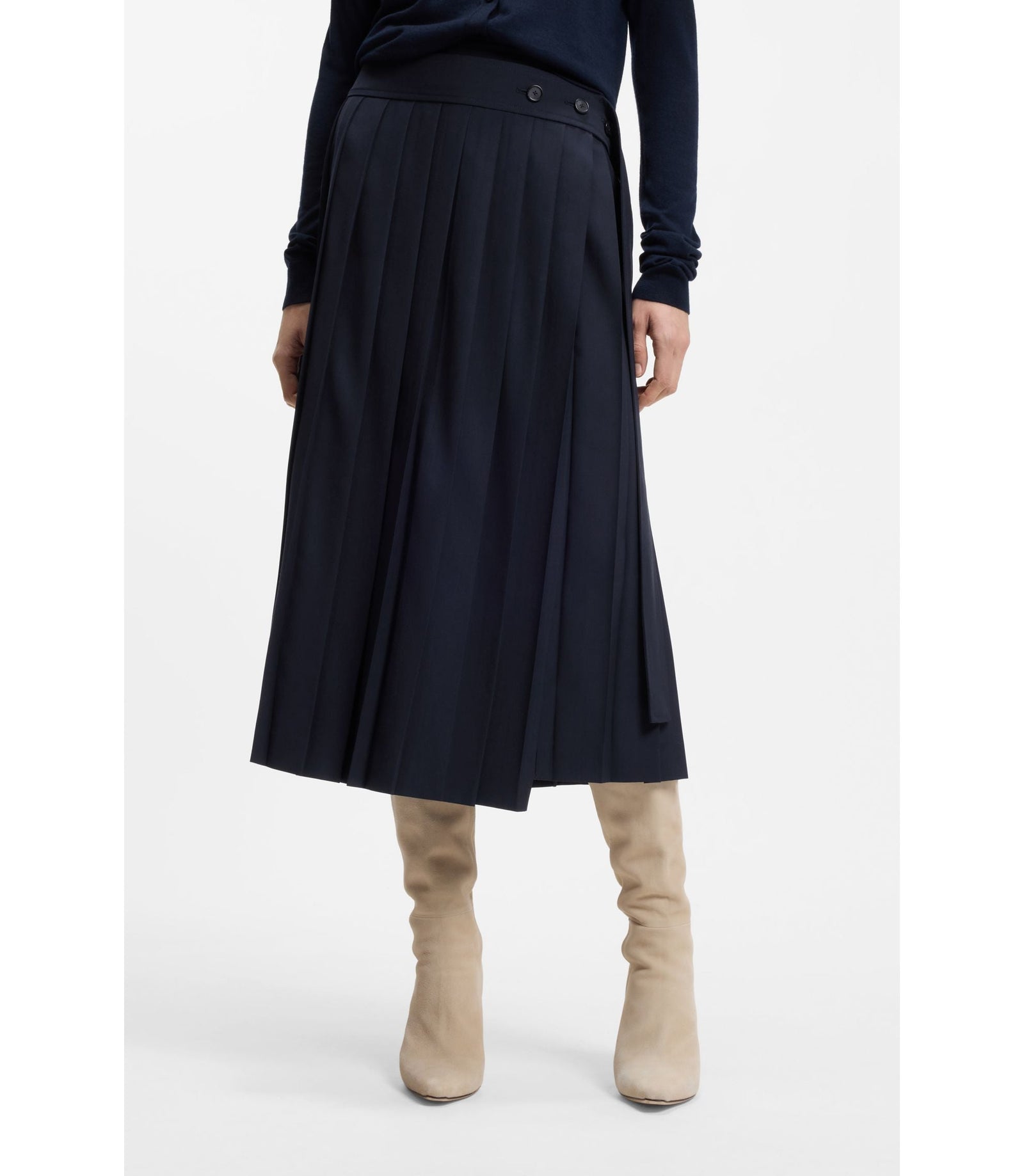Boss Pleated Skirt In A Wool Blend Dark Blue Women's