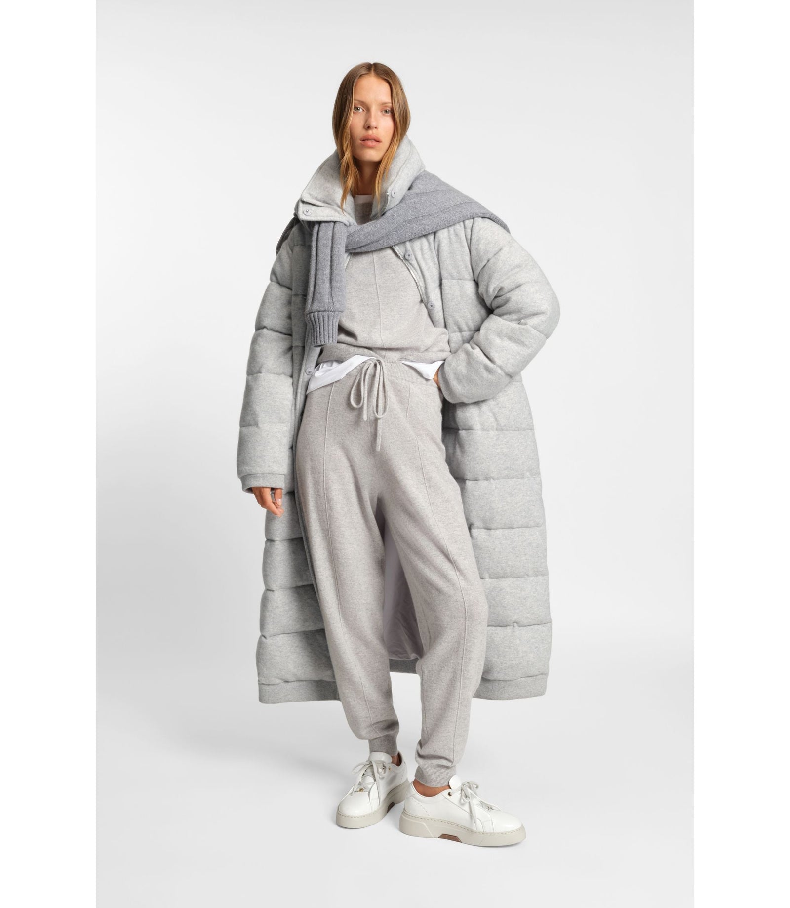 Boss Padded Coat In Virgin Wool And Cashmere Light Grey Women's