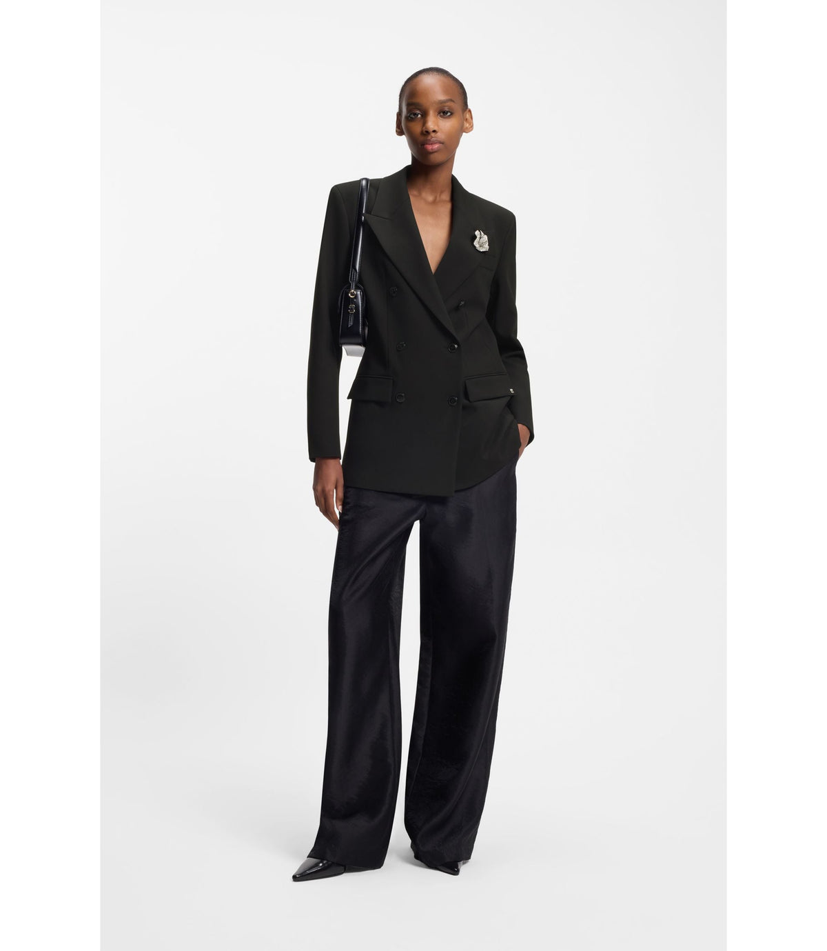 Hugo Oversized Fit Blazer With Rhinestone Lapel Brooch Black Women's