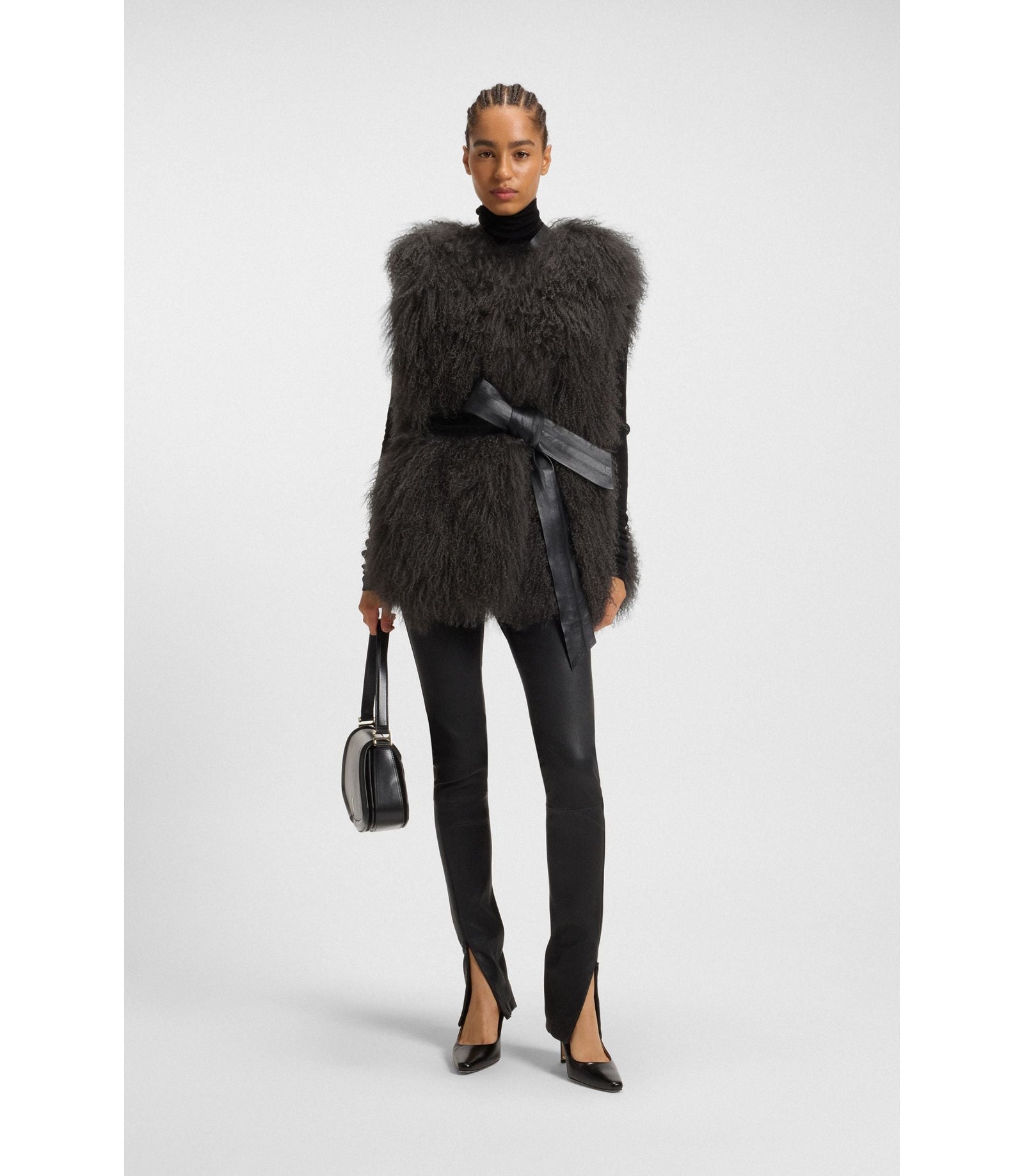 Boss Mongolian Shearling Gilet With Detachable Leather Belt Dark Grey Women's