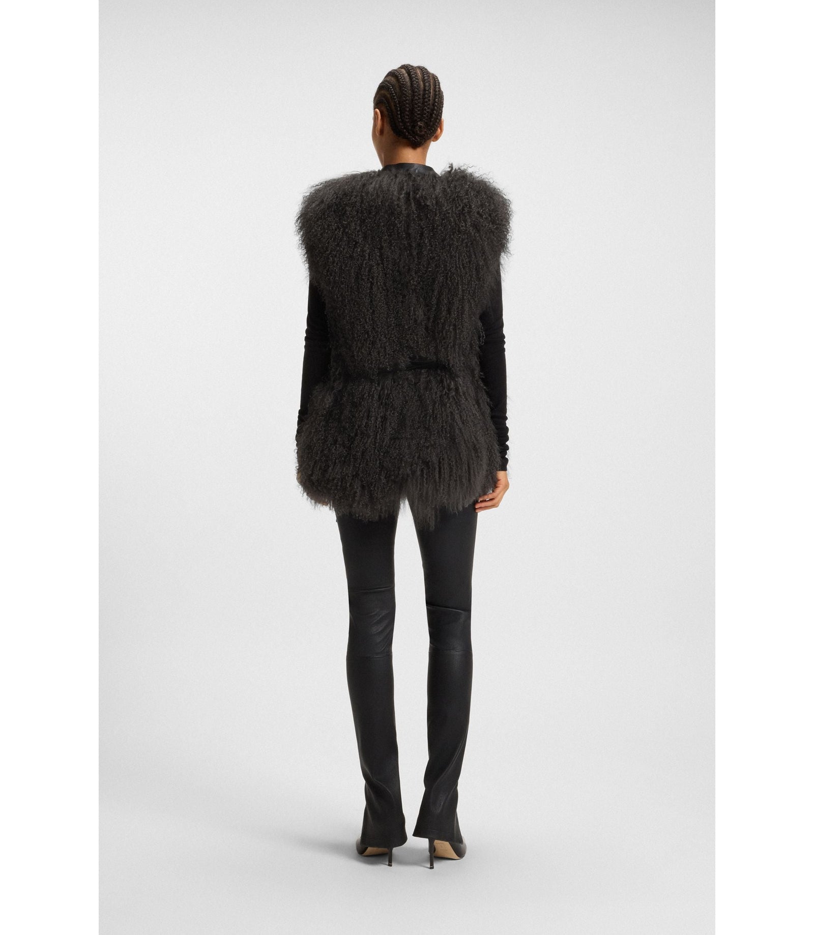 Boss Mongolian Shearling Gilet With Detachable Leather Belt Dark Grey Women's