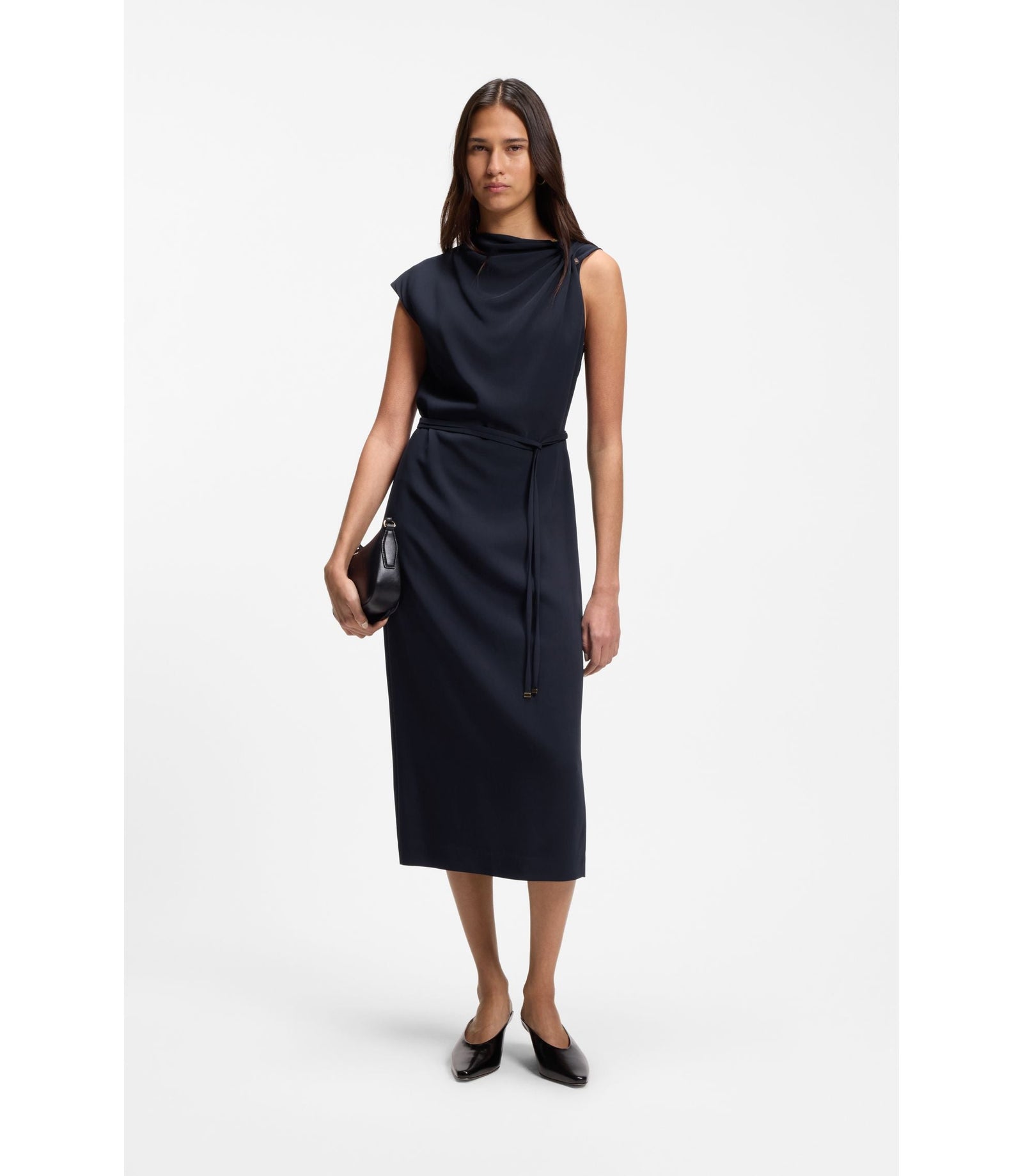 Boss Midi Length Dress With Gathered Shoulder Detail Dark Blue Women's