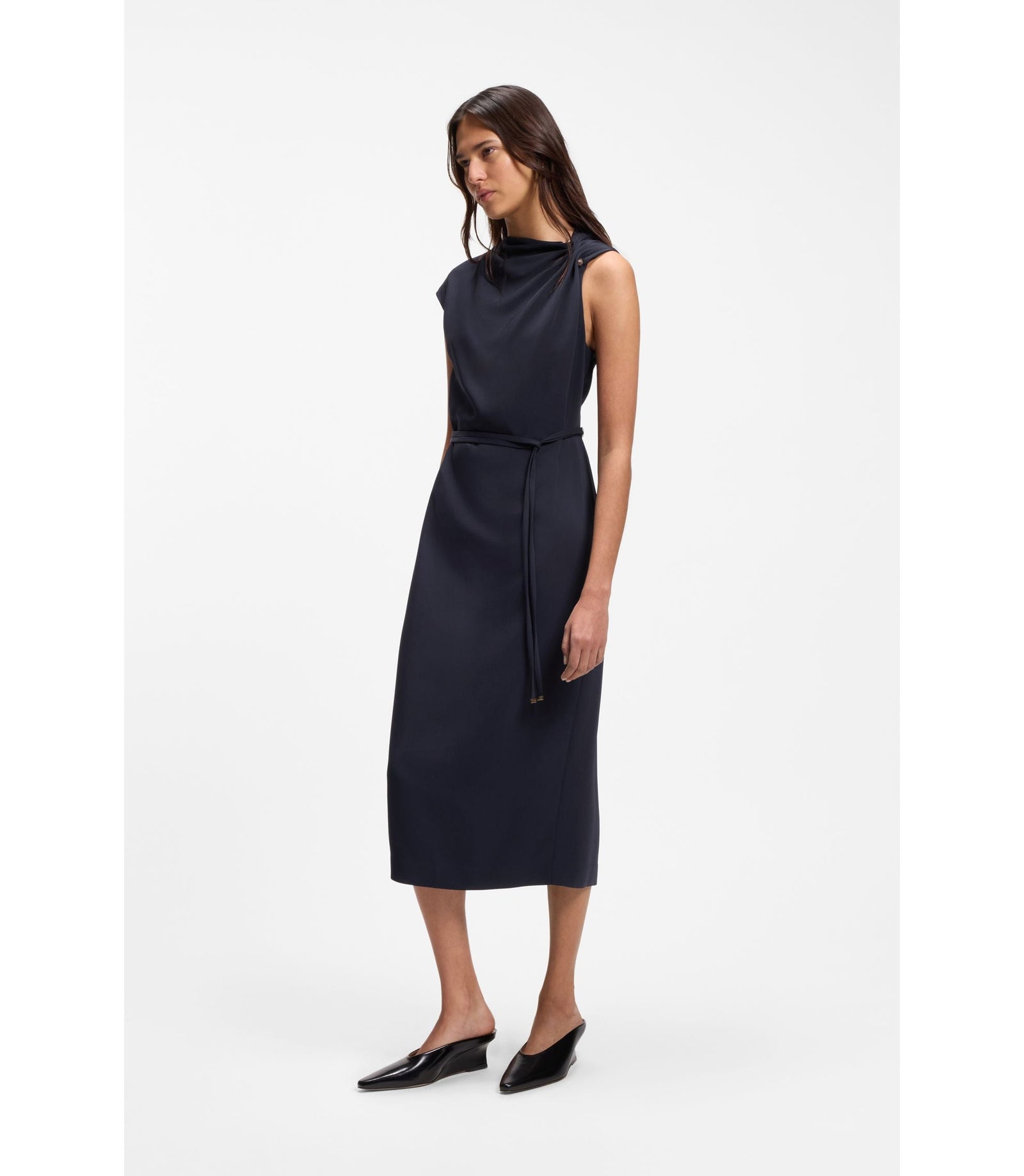 Boss Midi Length Dress With Gathered Shoulder Detail Dark Blue Women's