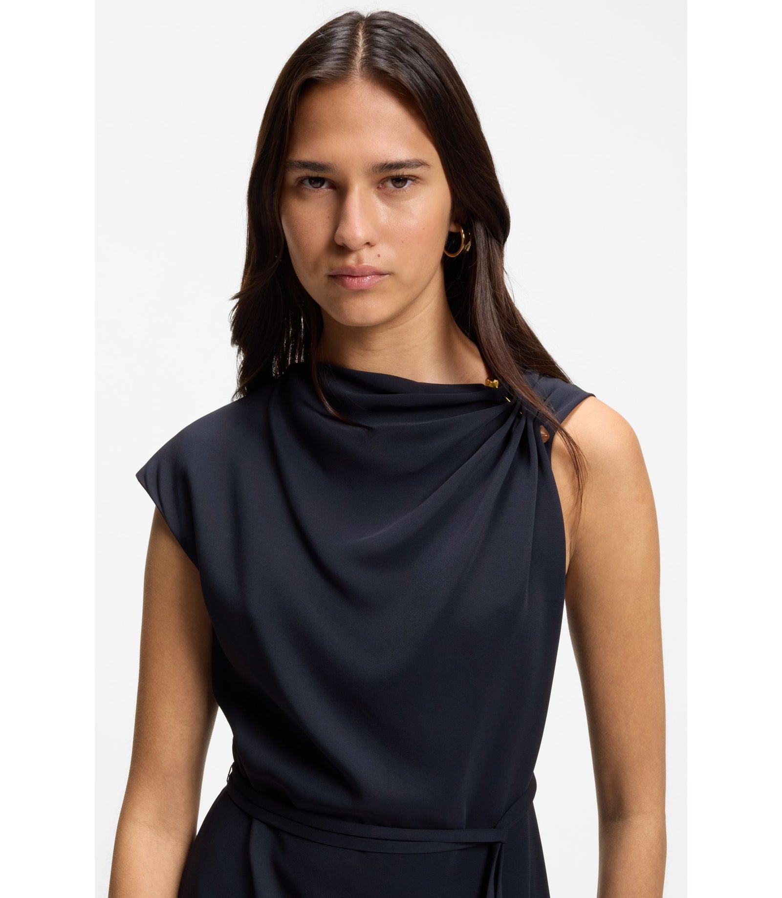 Boss Midi Length Dress With Gathered Shoulder Detail Dark Blue Women's