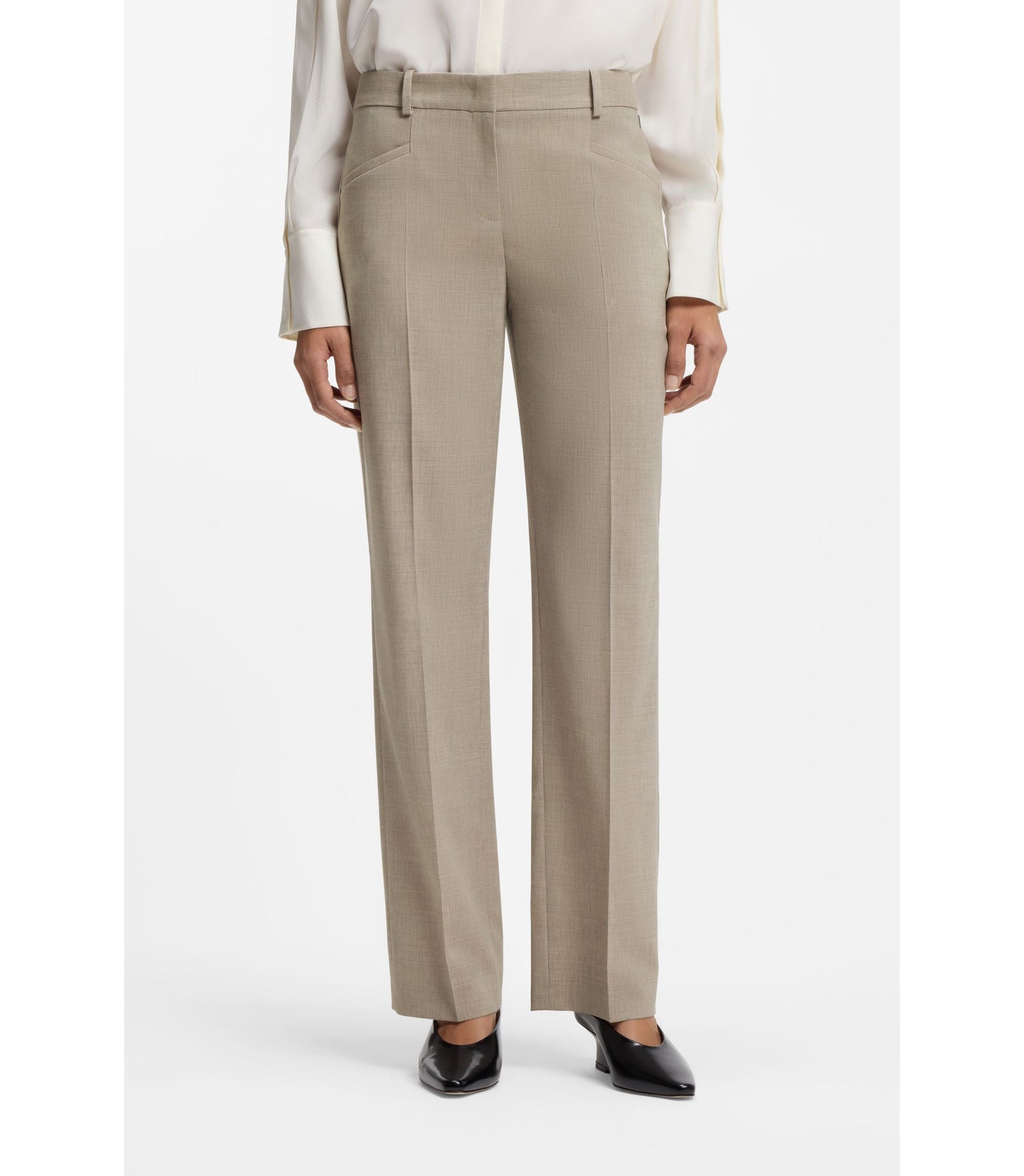 Boss Melange Relaxed Fit Trousers In Virgin Wool Light Beige Women's