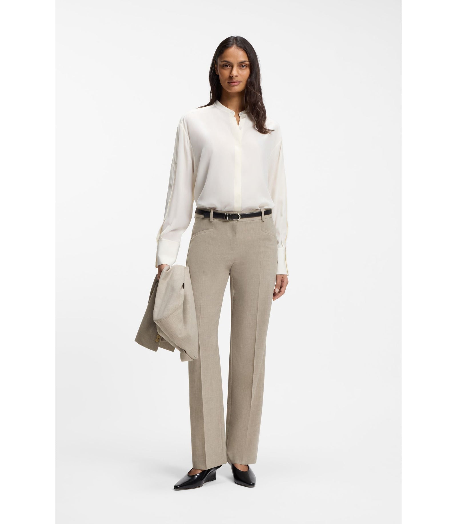 Boss Melange Relaxed Fit Trousers In Virgin Wool Light Beige Women's