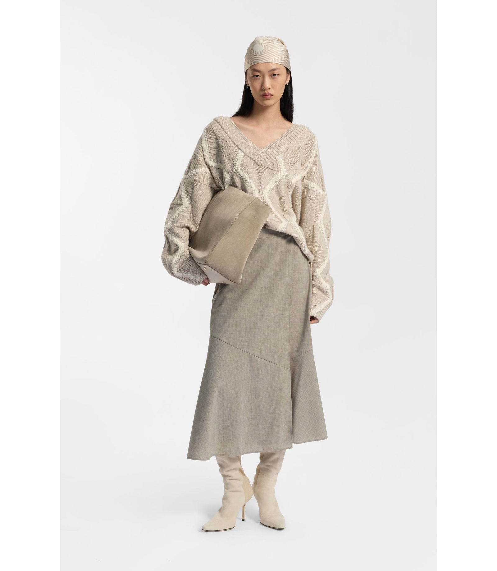 Boss Melange A Line Skirt In Virgin Wool Light Beige Women's