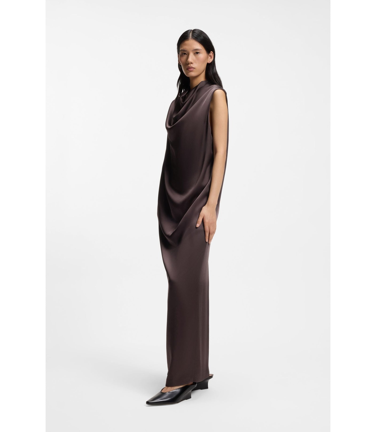 Boss Maxi Dress In High Shine Sable Dark Brown Women's