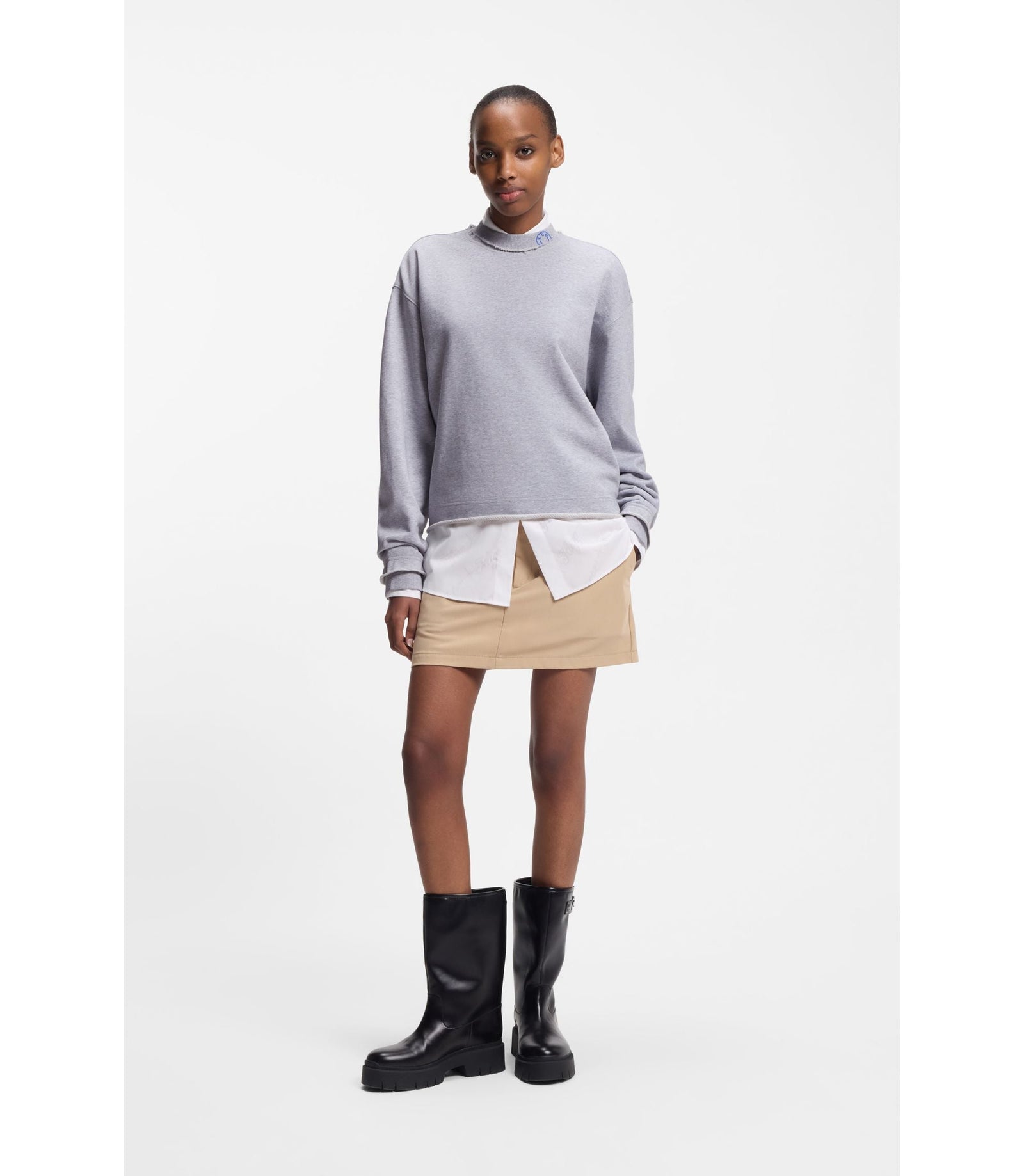 Hugo Logo Collar Sweatshirt In Cotton Terry Light Grey Women's