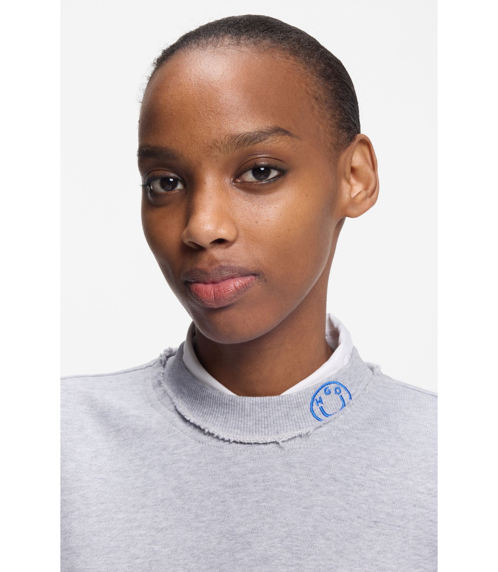 Hugo Logo Collar Sweatshirt In Cotton Terry Light Grey Women's