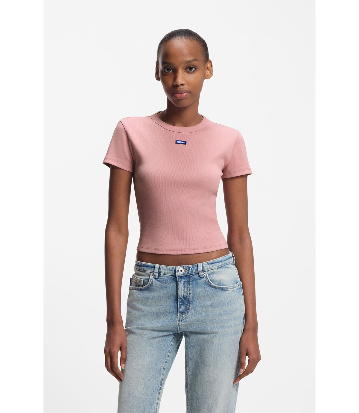 Hugo Logo Badge Slim Fit T Shirt In Stretch Cotton Light Pink Women's