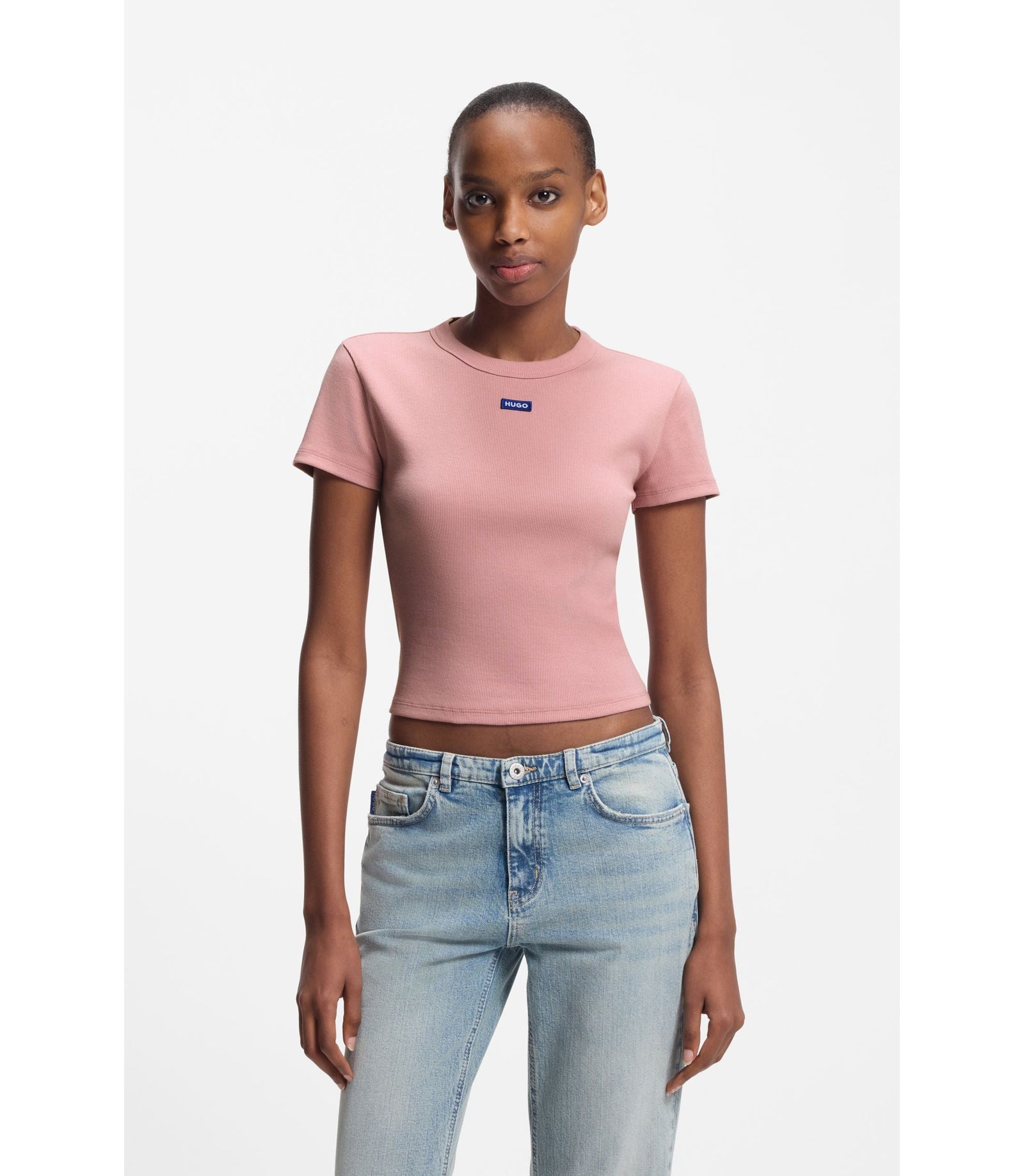 Hugo Logo Badge Slim Fit T Shirt In Stretch Cotton Light Pink Women's