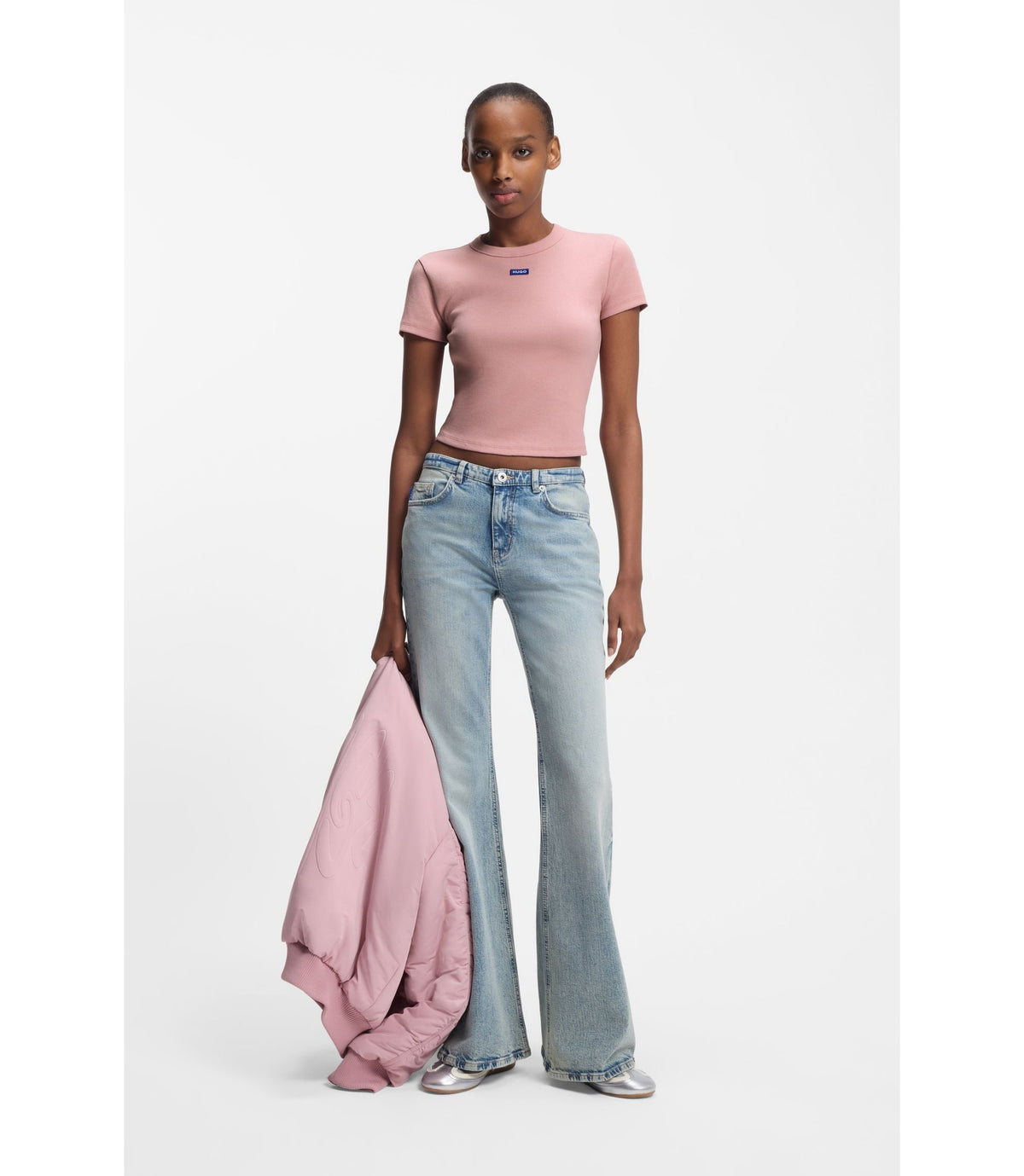 Hugo Logo Badge Slim Fit T Shirt In Stretch Cotton Light Pink Women's