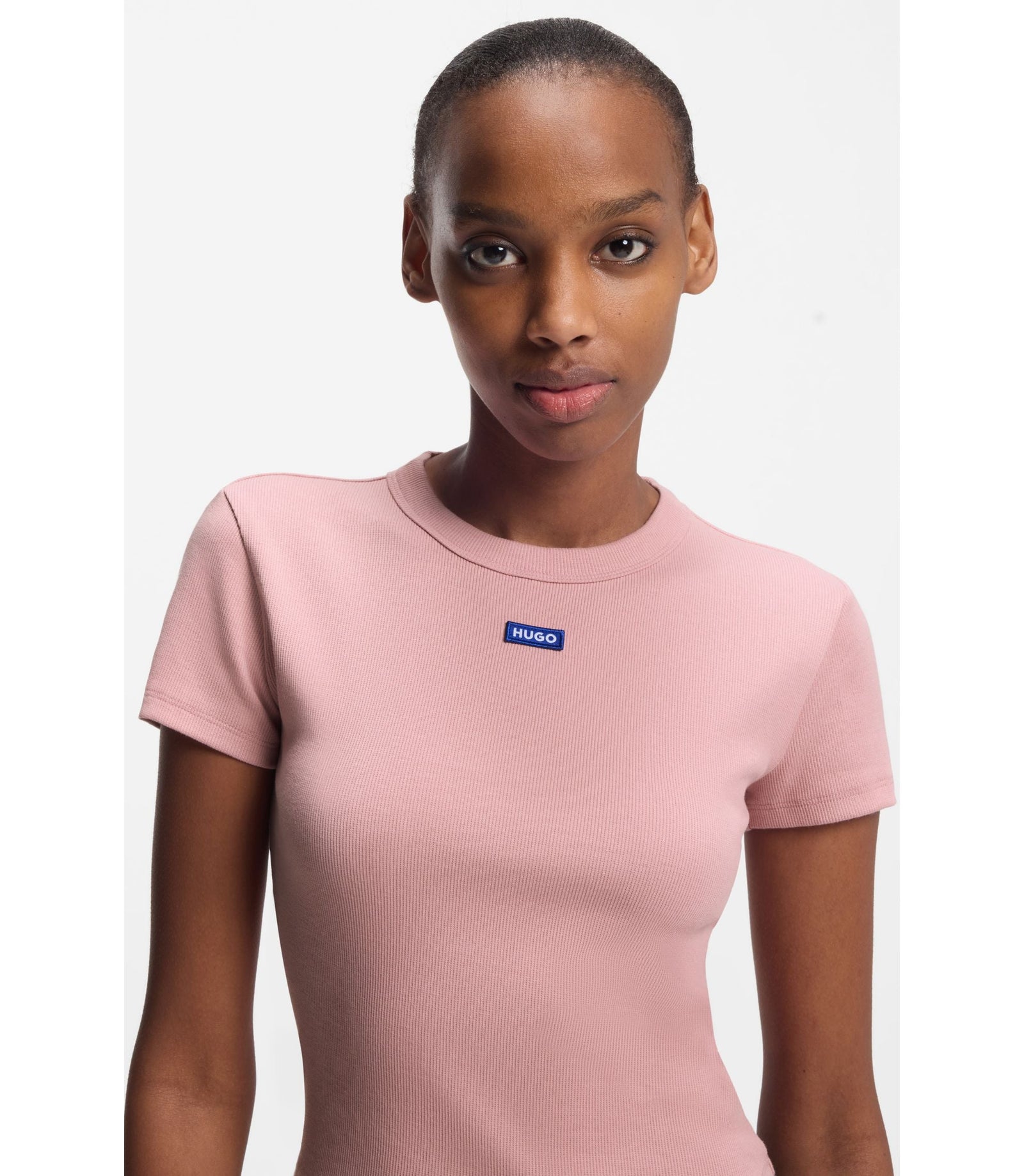 Hugo Logo Badge Slim Fit T Shirt In Stretch Cotton Light Pink Women's